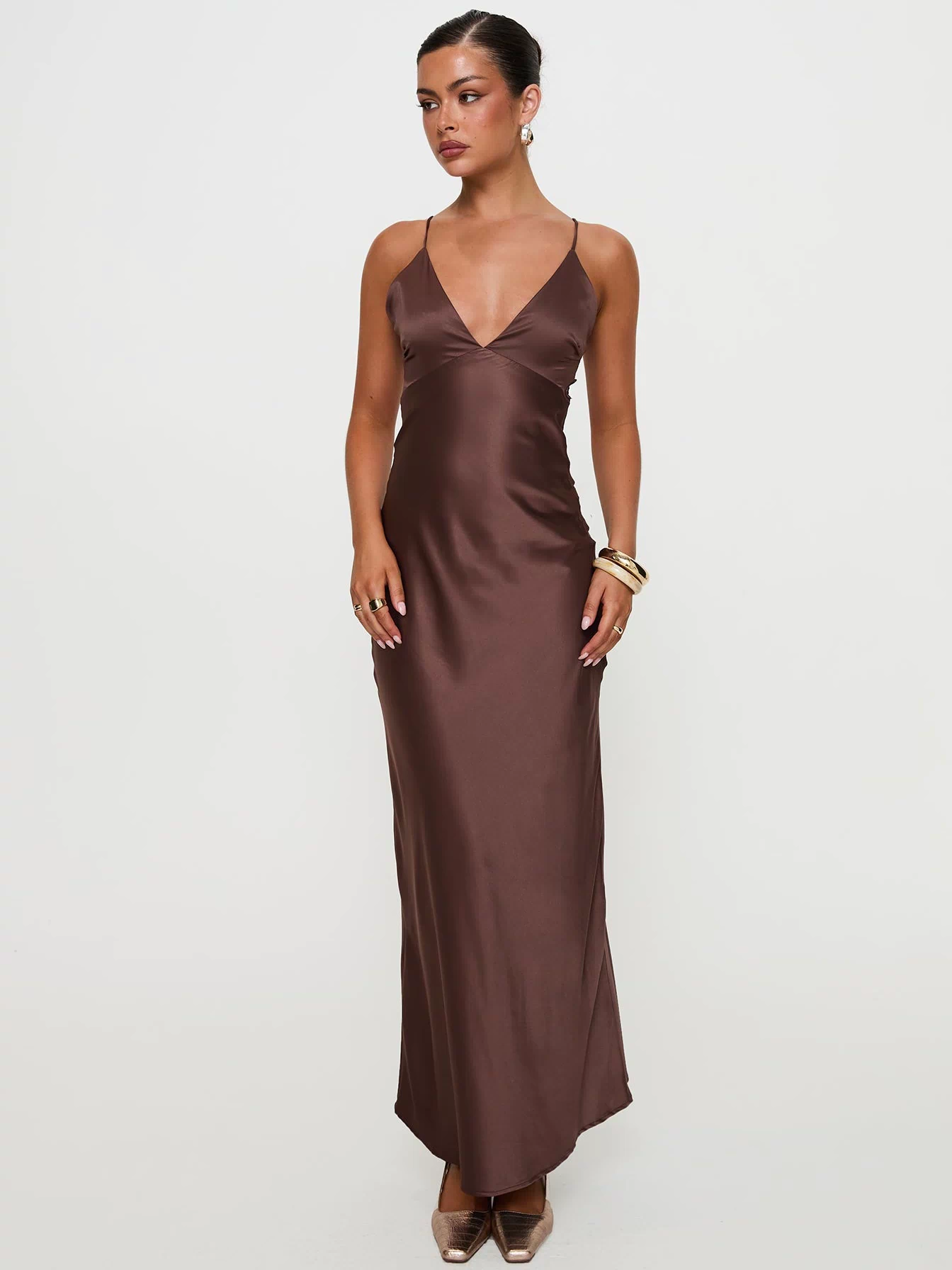 front view of model wearing Princess Polly Angels Only Maxi Dress Chocolate Plunger 