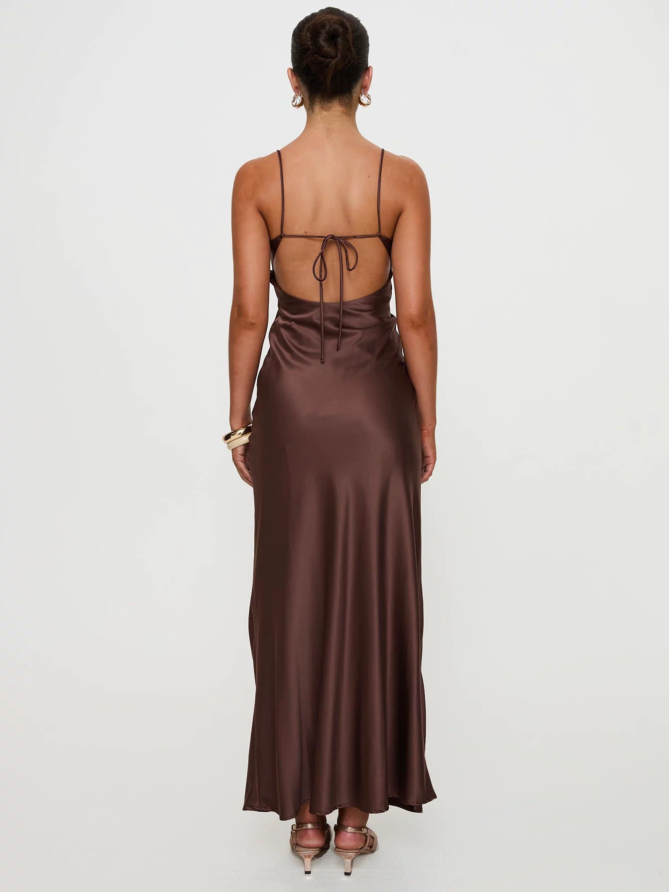 back view of model wearing Princess Polly Angels Only Maxi Dress Chocolate Plunger 
