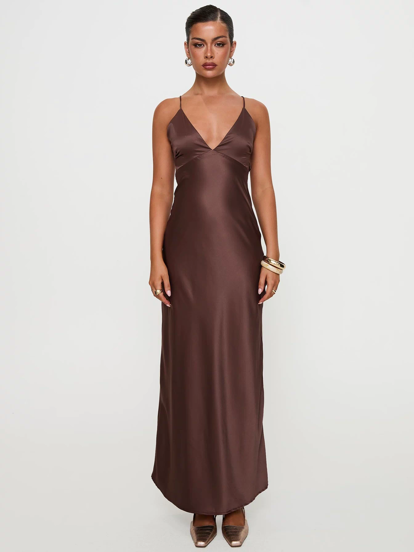 front view of model wearing Princess Polly Angels Only Maxi Dress Chocolate Plunger 