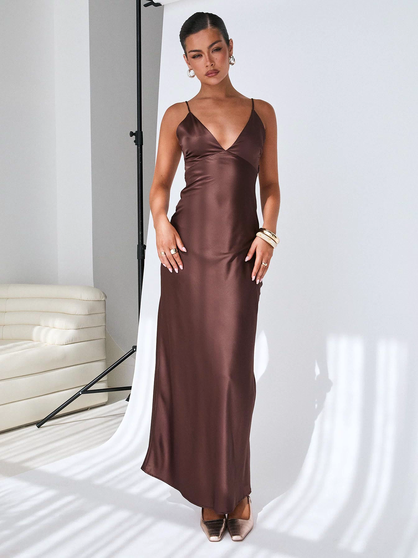 front view of model wearing Princess Polly Angels Only Maxi Dress Chocolate Plunger 