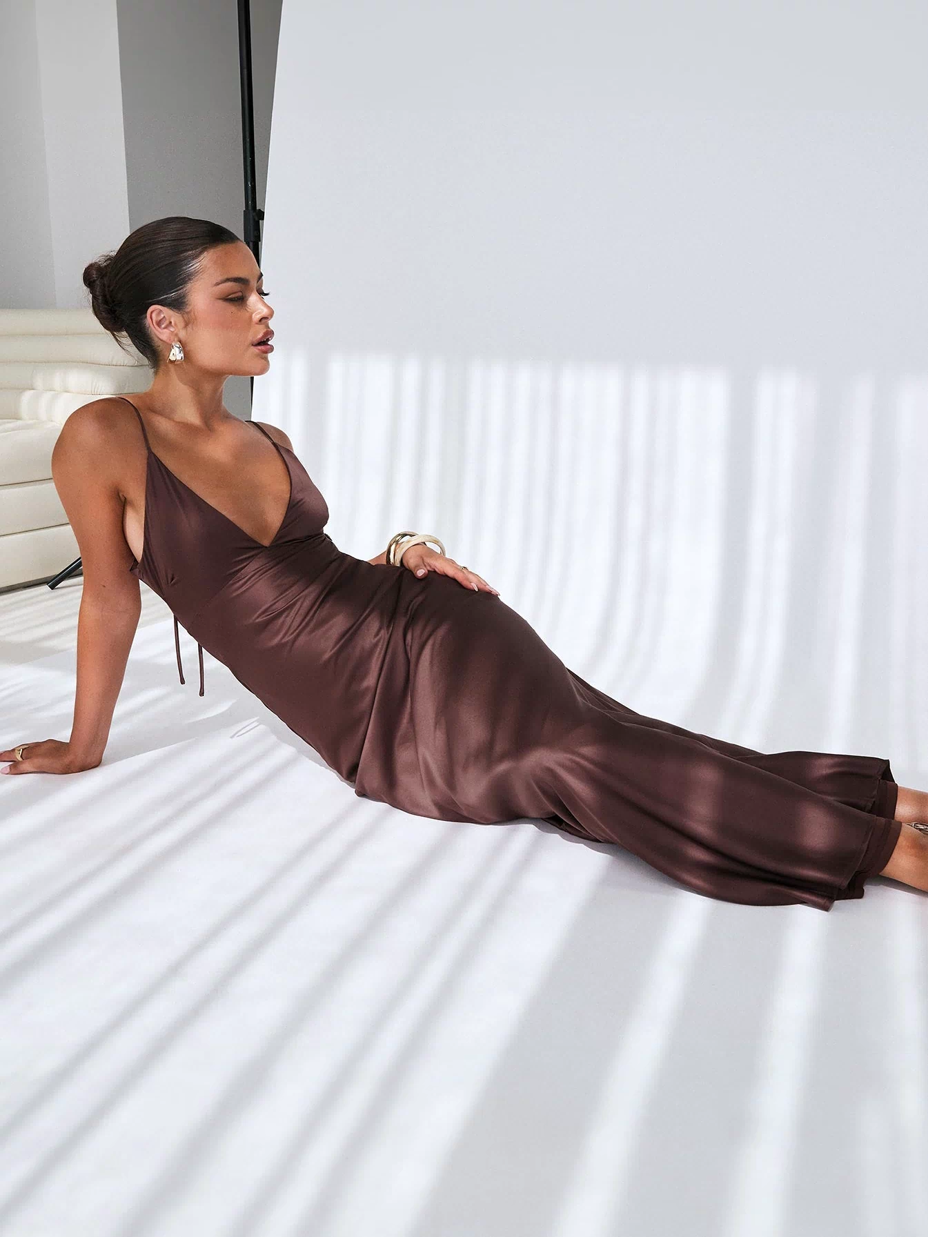 front view of model wearing Princess Polly Angels Only Maxi Dress Chocolate Plunger 