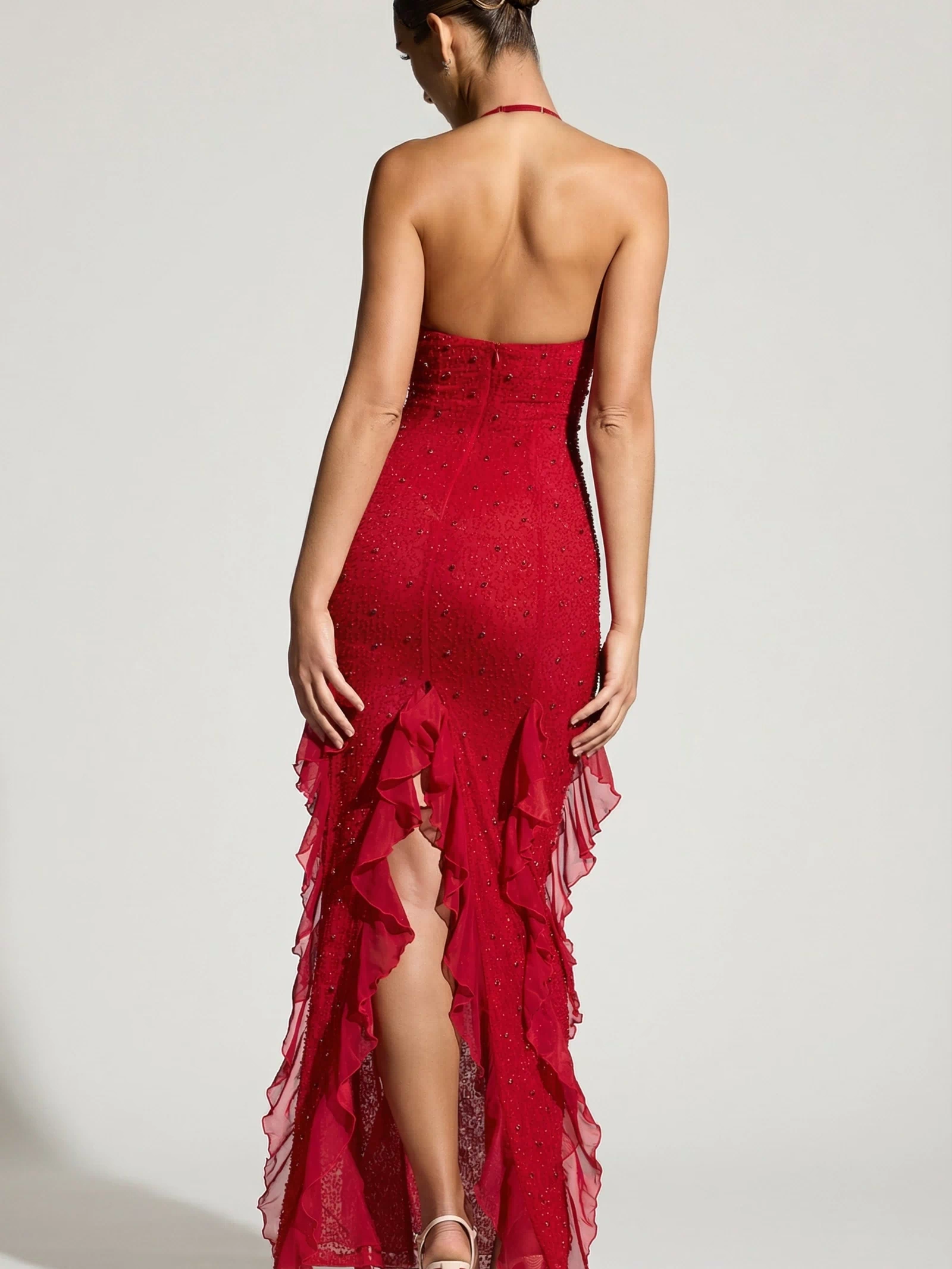Oh Polly's Priscilla wearing the Anley Maxi Dress in Red Embellished fabric perfect for a glamorous evening out