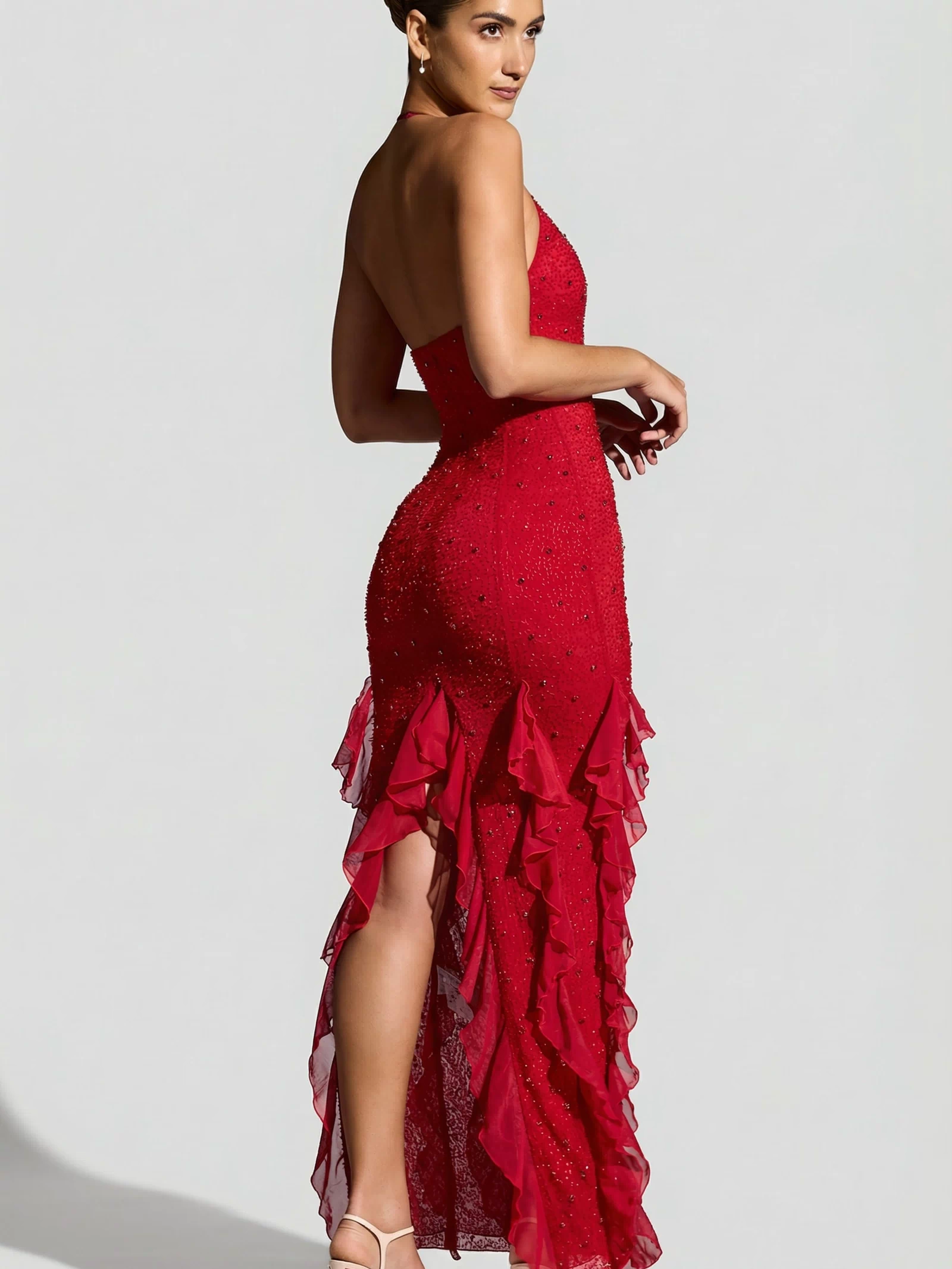Oh Polly's Priscilla wearing the Anley Maxi Dress in Red Embellished fabric perfect for a glamorous evening out