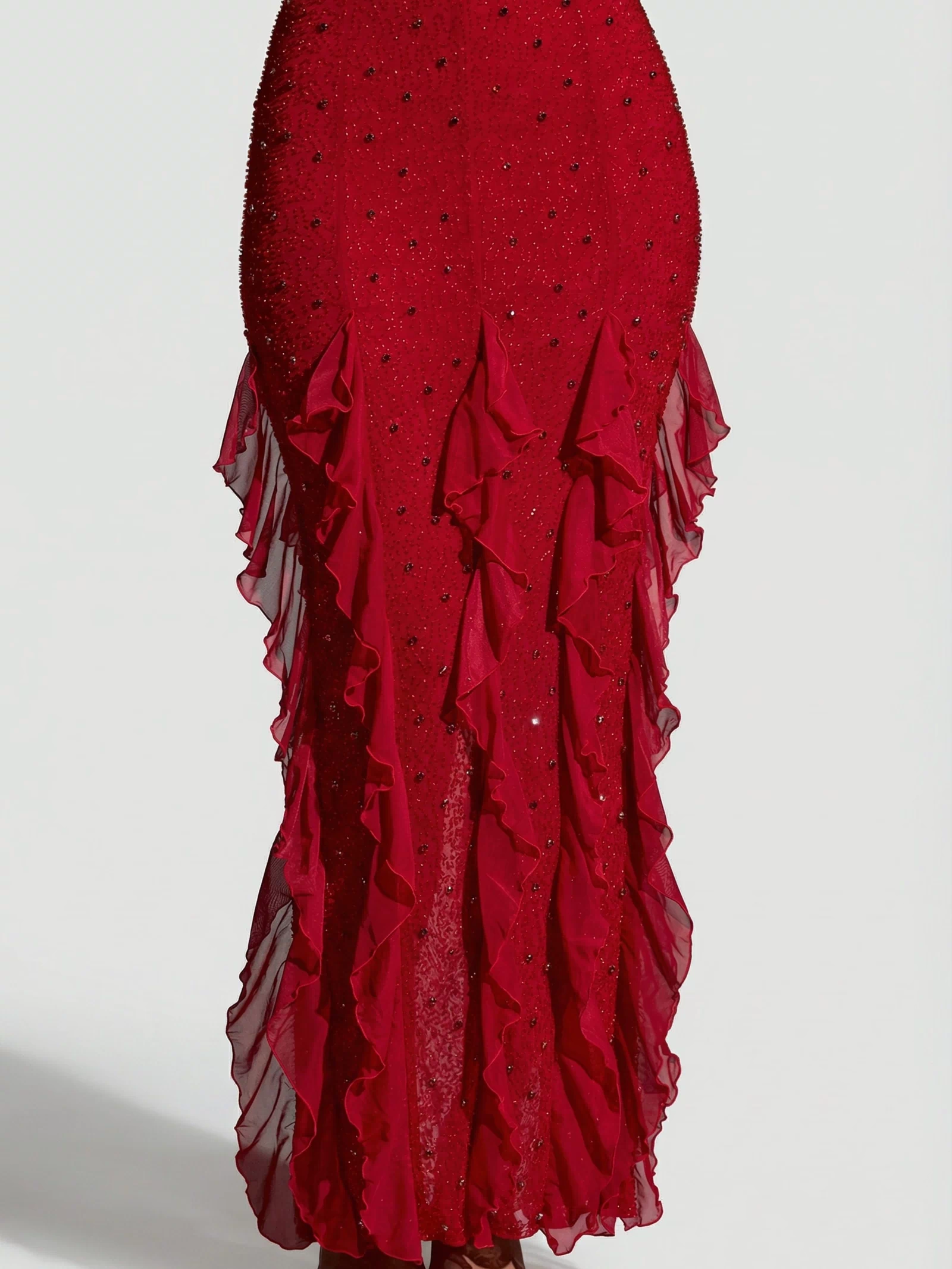 Oh Polly's Priscilla wearing the Anley Maxi Dress in Red Embellished fabric perfect for a romantic dinner date