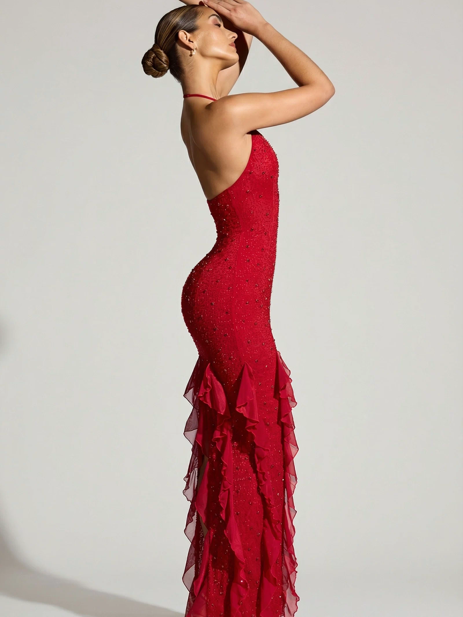 Oh Polly's Priscilla wearing the Anley Maxi Dress in Red Embellished fabric perfect for a glamorous evening out