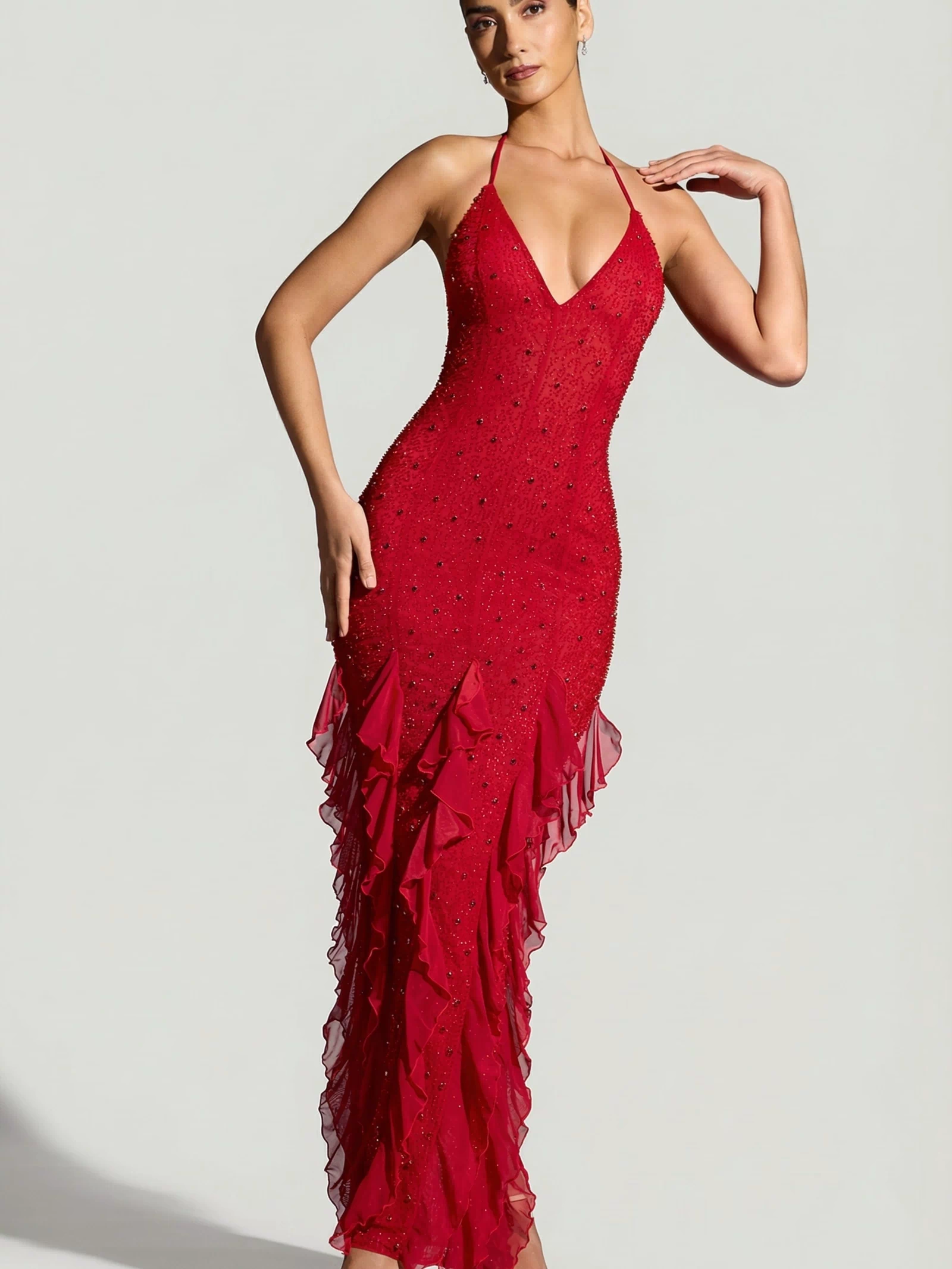 Oh Polly's Priscilla wearing the Anley Maxi Dress in Red Embellished fabric perfect for a glamorous evening out