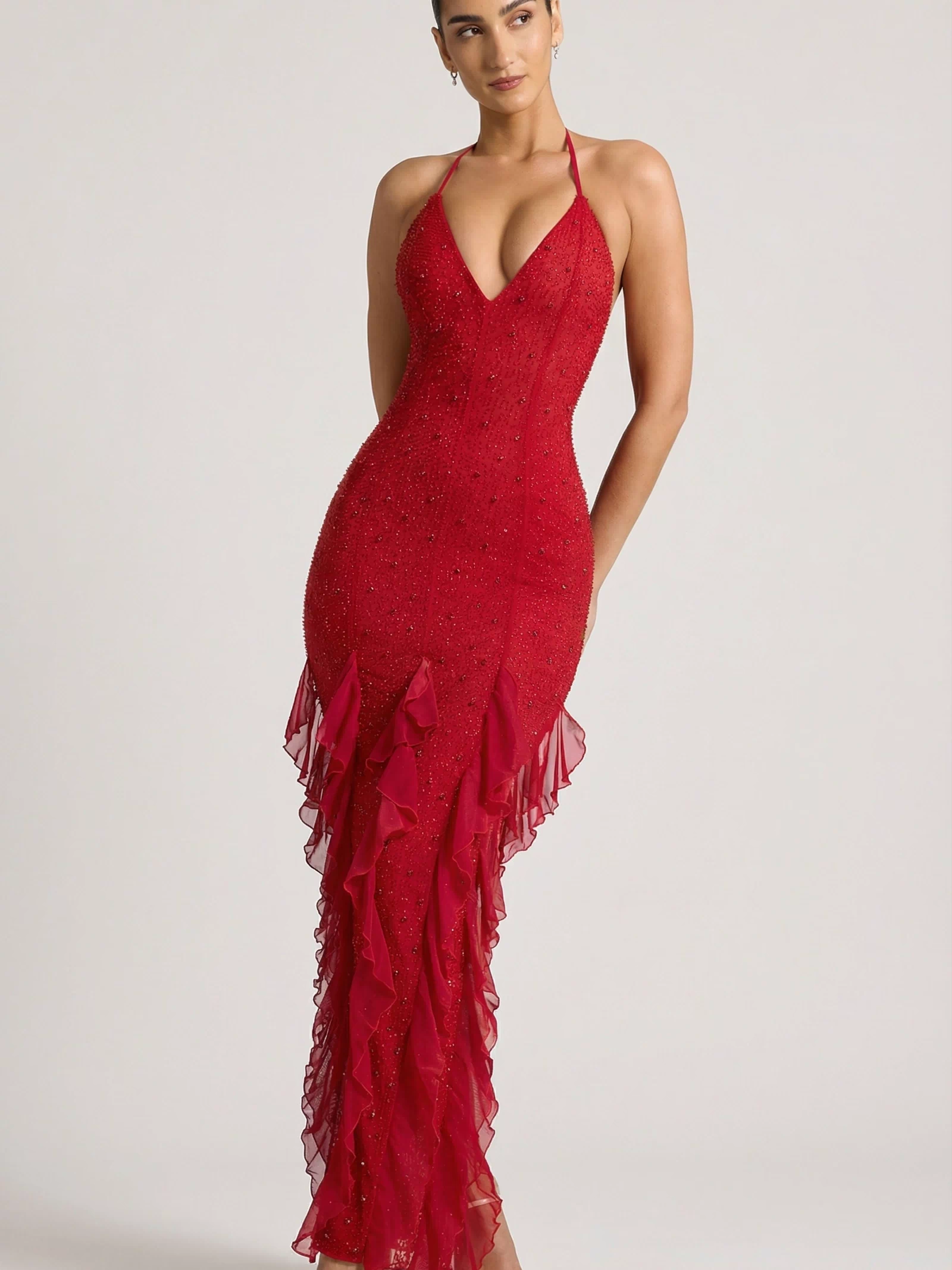 Oh Polly's Priscilla wearing the Anley Maxi Dress in Red Embellished fabric perfect for a glamorous evening out