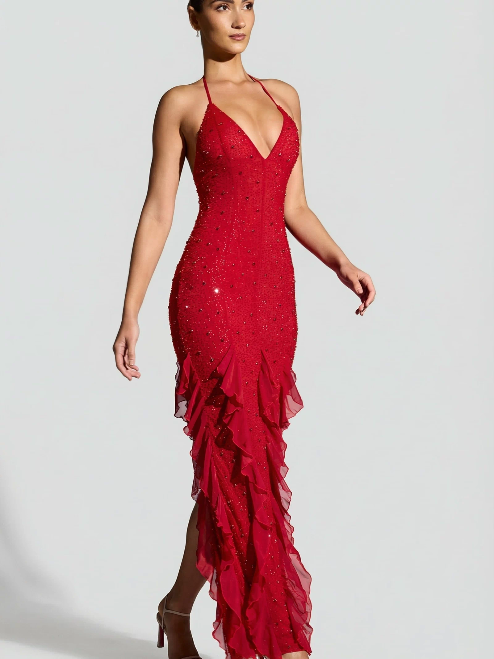 Oh Polly's Priscilla wearing the Anley Maxi Dress in Red Embellished fabric perfect for a glamorous evening out