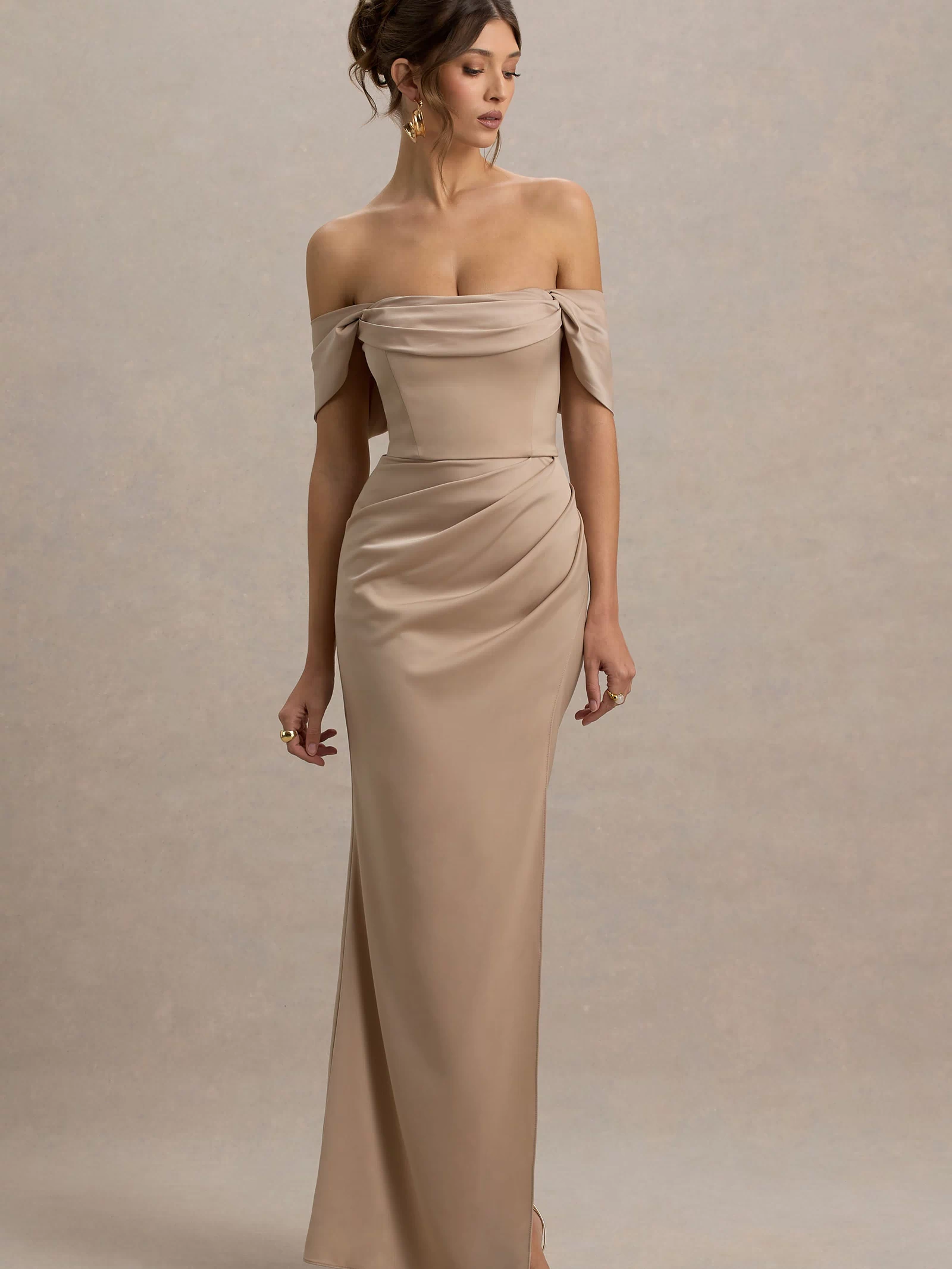 Annie | Champagne Satin Bardot Maxi Dress With Split Wrap Skirt