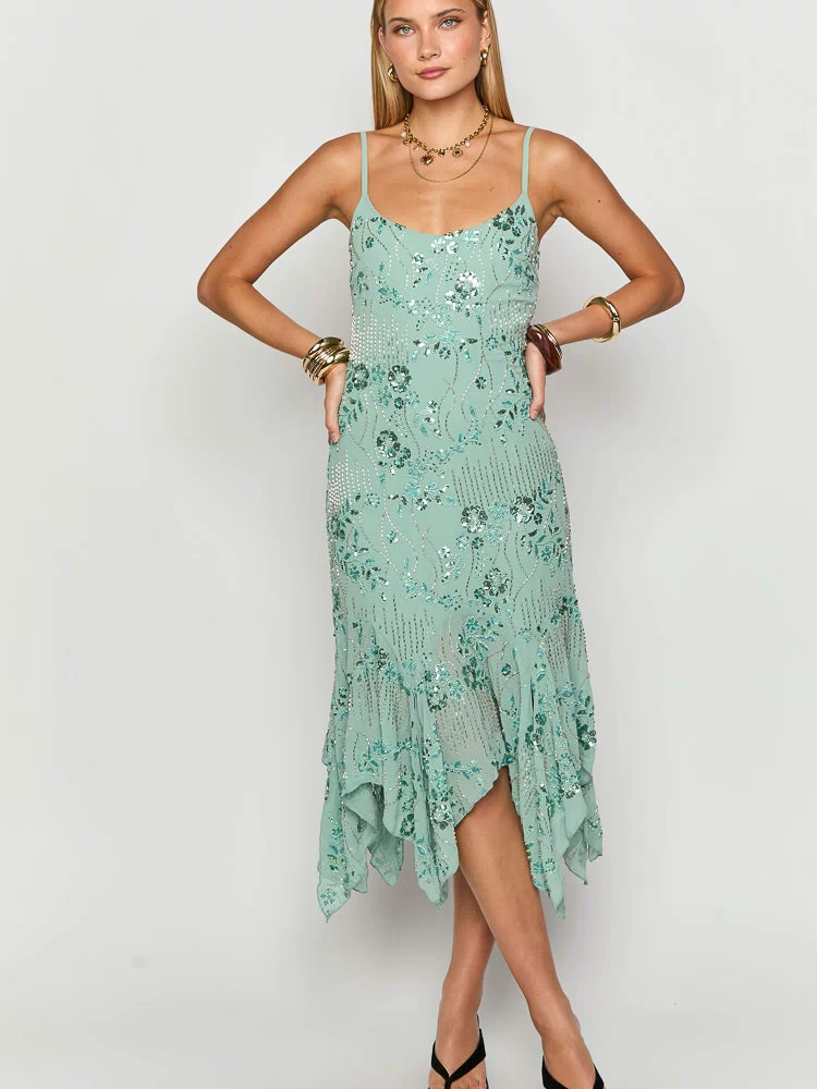 Teal midi dress with intricate floral sequin and bead embellishment and a handkerchief hem