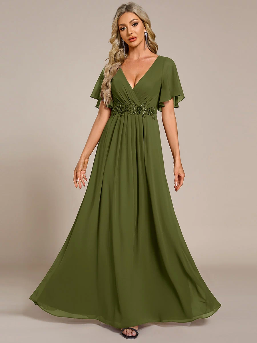 ever IVYROSE|Ruffles Sleeve A-Line Chiffon Waist Applique Maxi Wedding Guest Dress