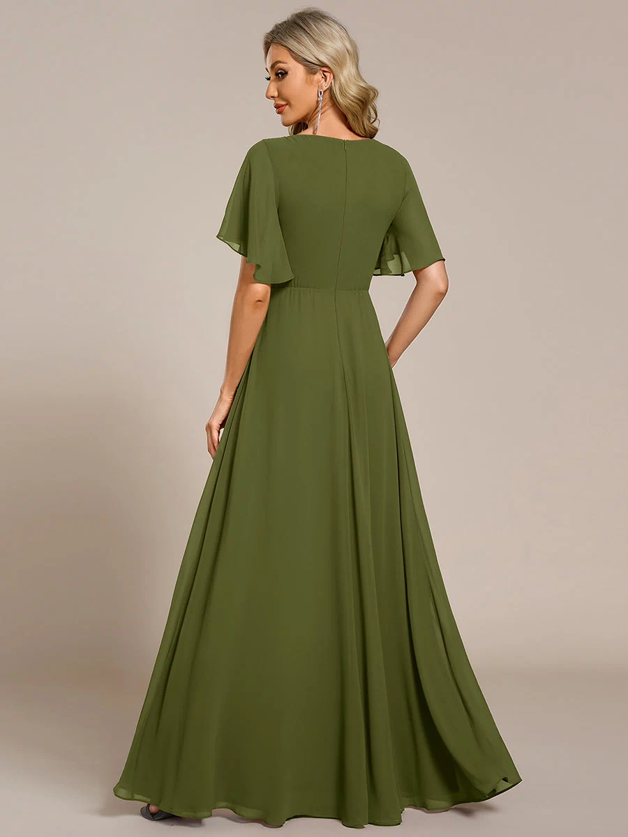 Applique Chiffon Ruffle Sleeve Evening Dress #color_Olive Green