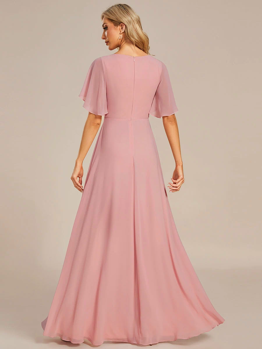 Applique Chiffon Ruffle Sleeve Evening Dress #color_Dusty Rose