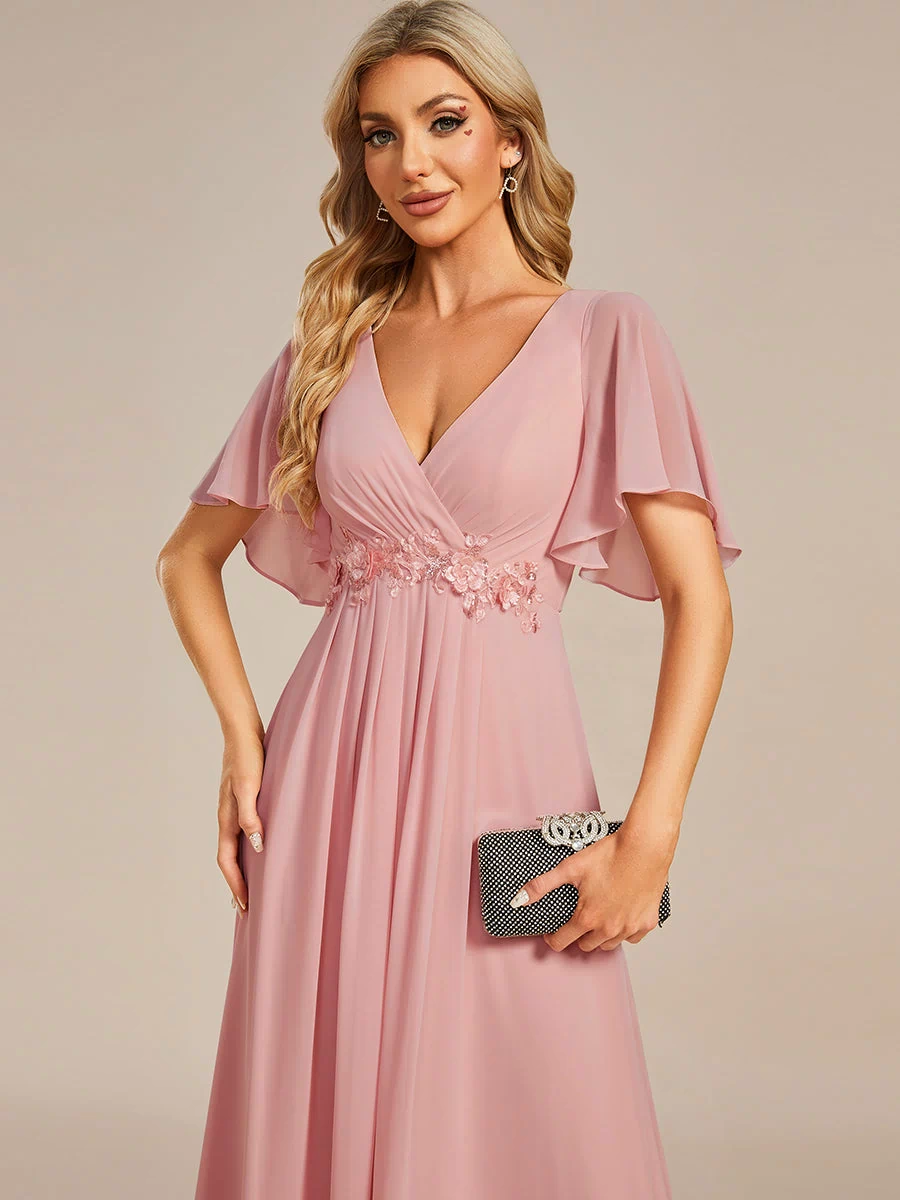 Applique Chiffon Ruffle Sleeve Evening Dress #color_Dusty Rose