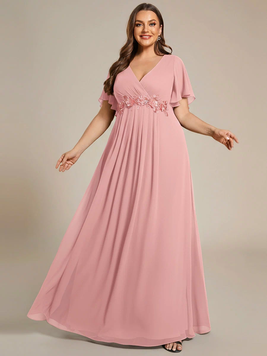 Applique Chiffon Ruffle Sleeve Evening Dress #color_Dusty Rose