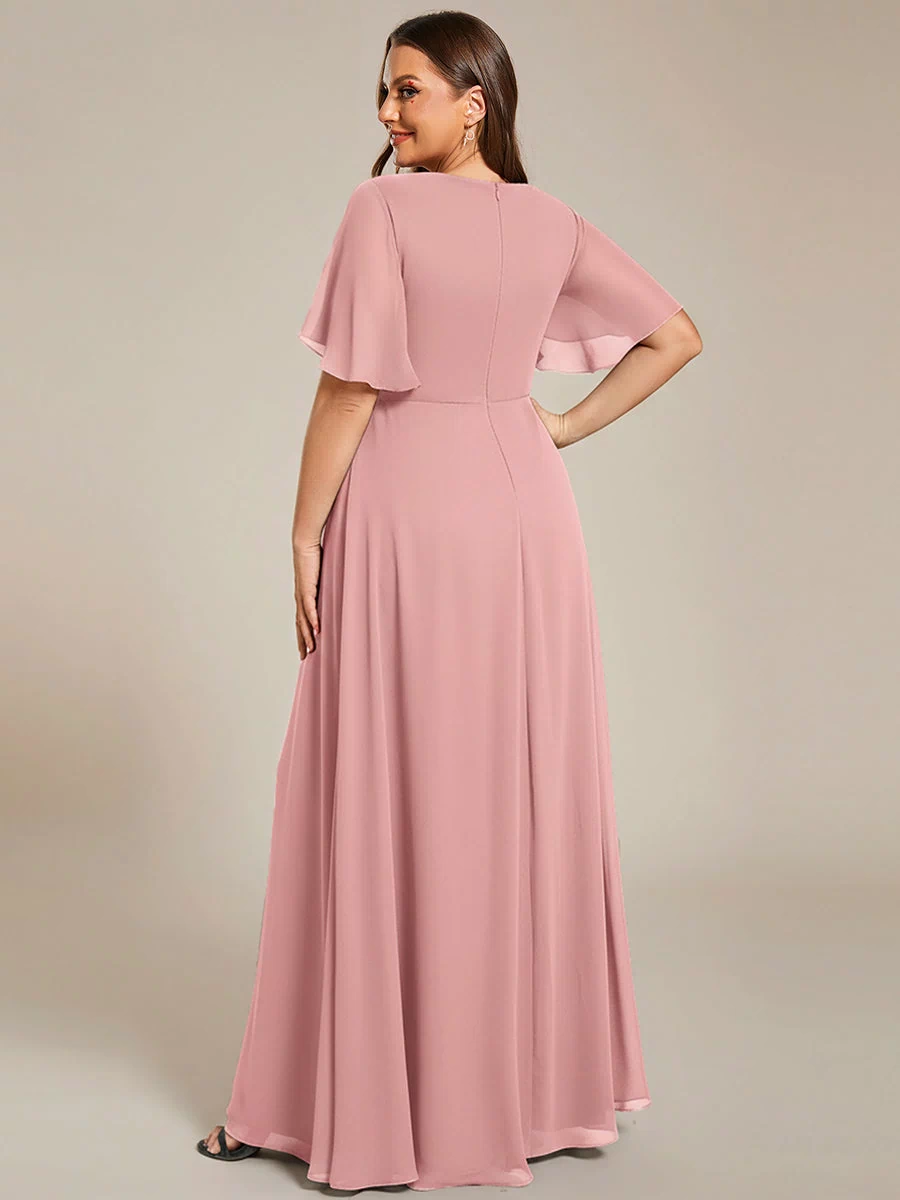 Applique Chiffon Ruffle Sleeve Evening Dress #color_Dusty Rose