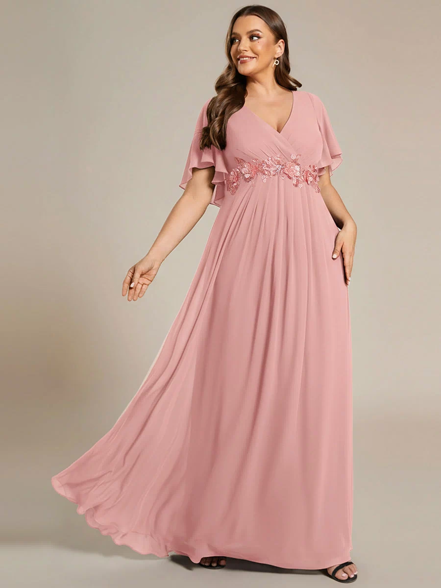 Applique Chiffon Ruffle Sleeve Evening Dress #color_Dusty Rose