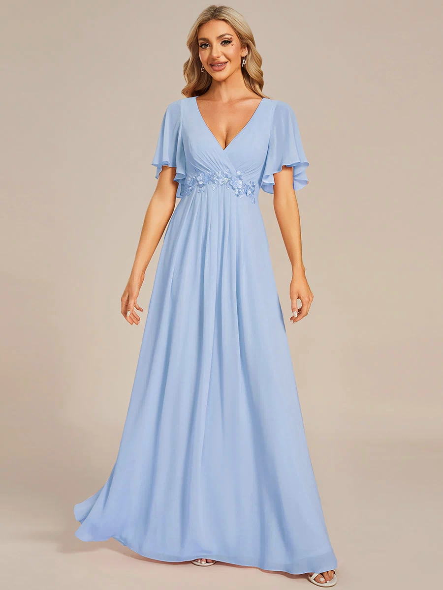 Applique Chiffon Ruffle Sleeve Evening Dress #color_Ice Blue