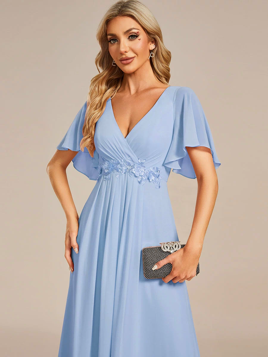 Applique Chiffon Ruffle Sleeve Evening Dress #color_Ice Blue