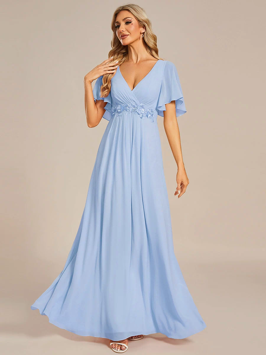 Applique Chiffon Ruffle Sleeve Evening Dress #color_Ice Blue