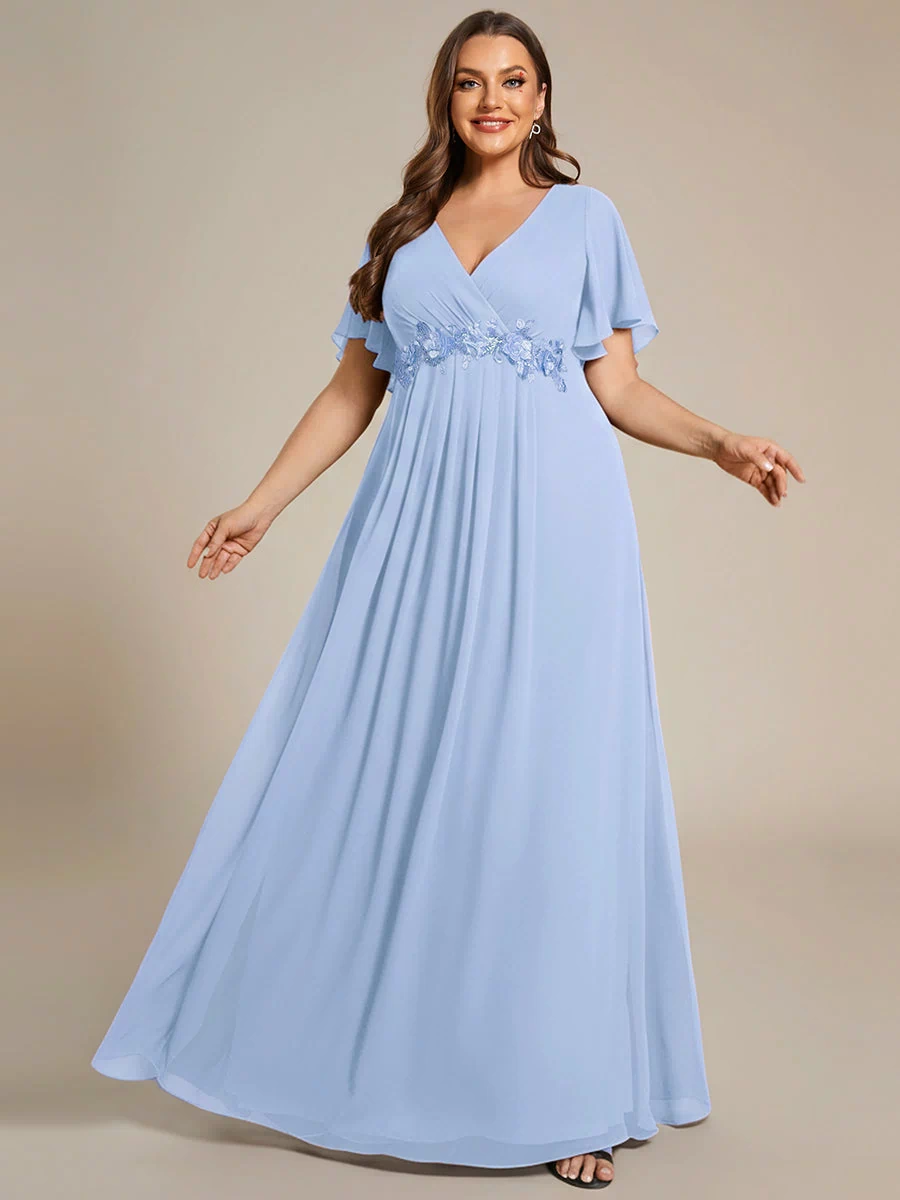 Applique Chiffon Ruffle Sleeve Evening Dress #color_Ice Blue