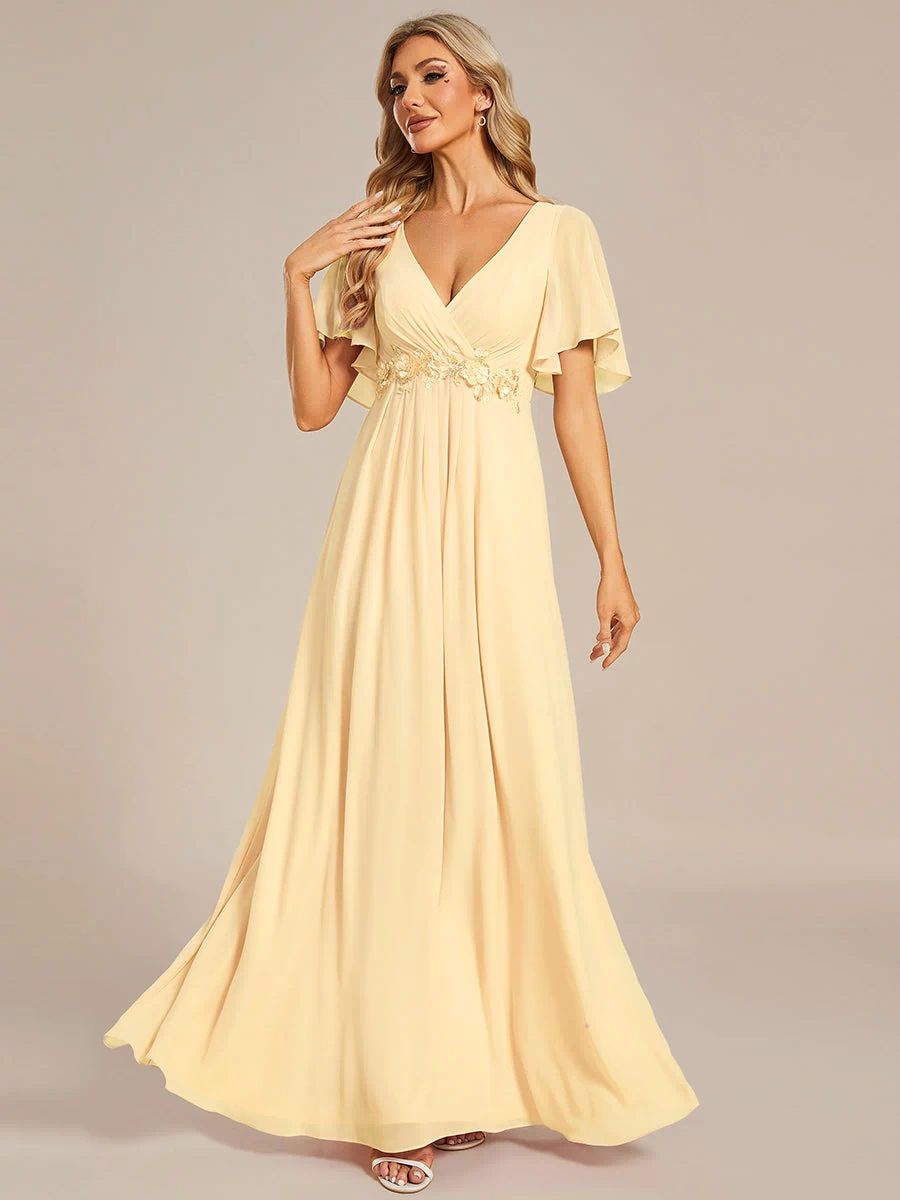 Applique Chiffon Ruffle Sleeve Evening Dress #color_Yellow