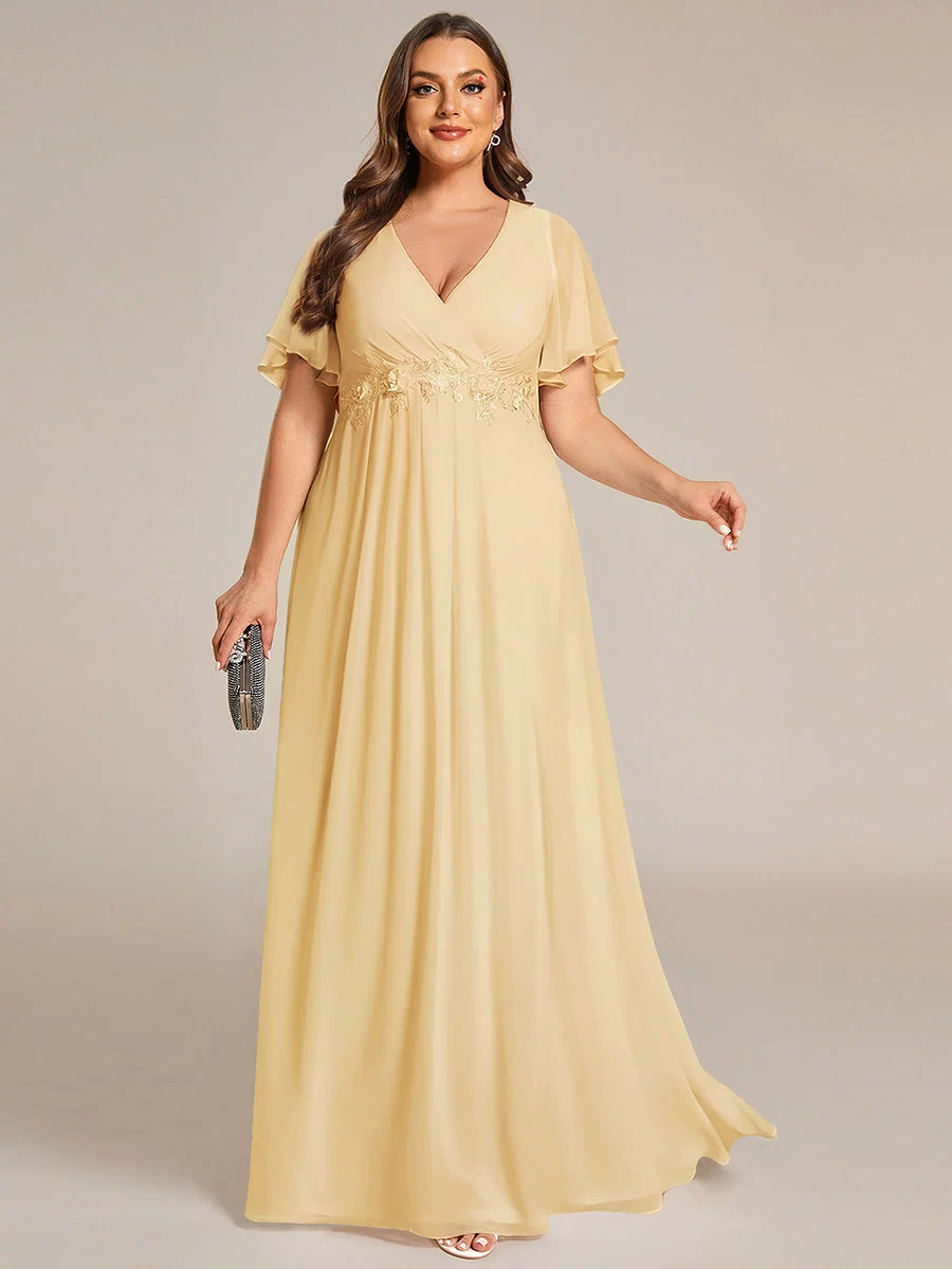 Applique Chiffon Ruffle Sleeve Evening Dress #color_Yellow