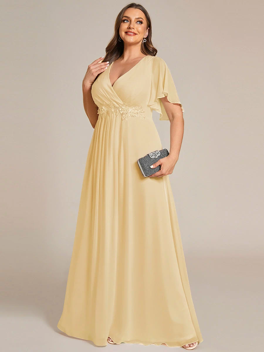 Applique Chiffon Ruffle Sleeve Evening Dress #color_Yellow