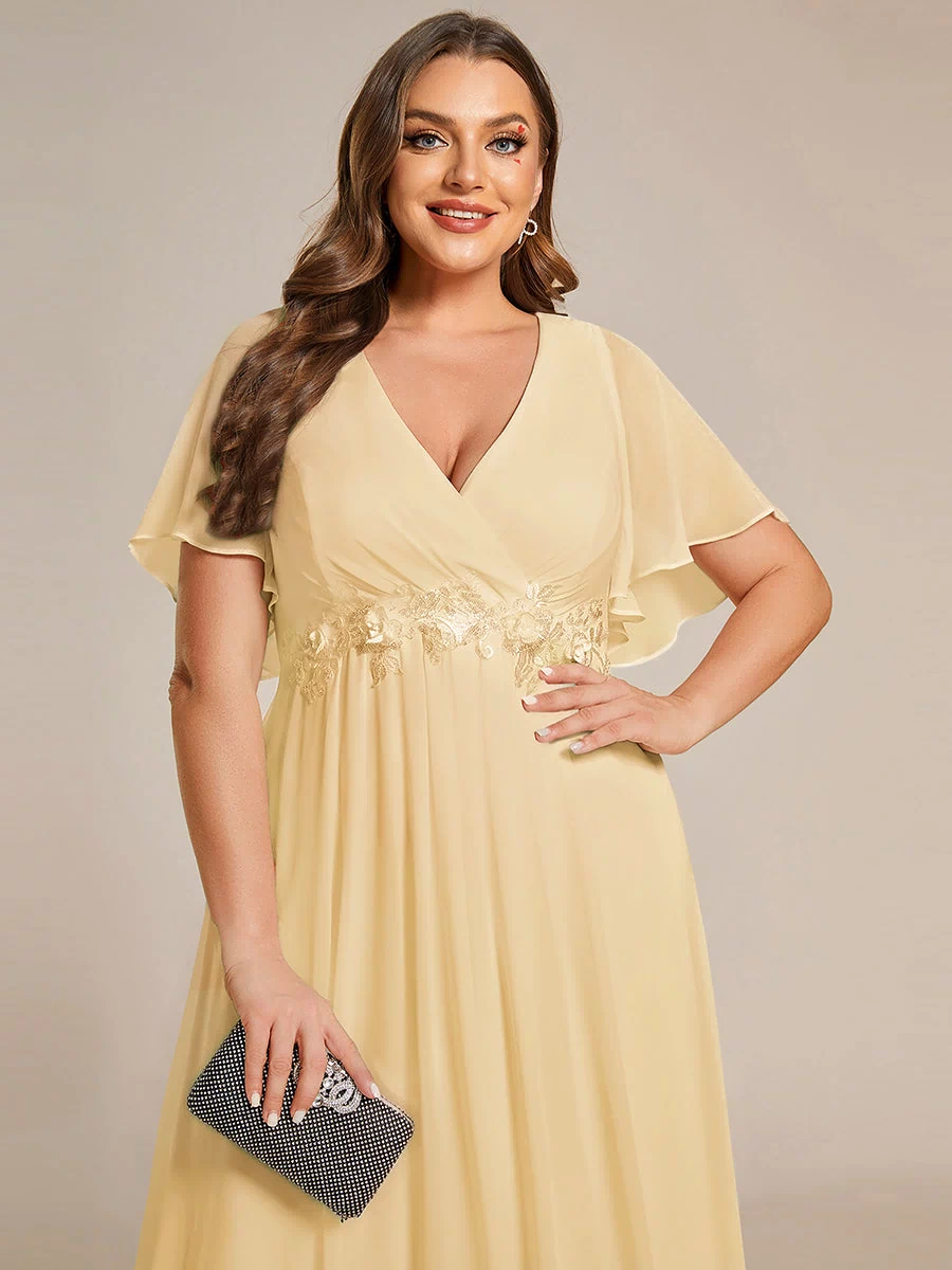 Applique Chiffon Ruffle Sleeve Evening Dress #color_Yellow