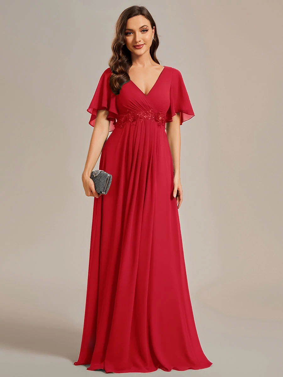 Applique Chiffon Ruffle Sleeve Evening Dress #color_Red