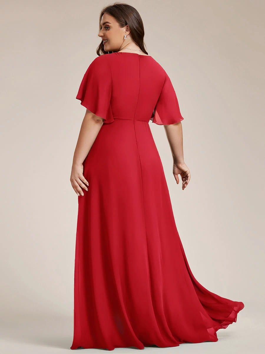 Applique Chiffon Ruffle Sleeve Evening Dress #color_Red
