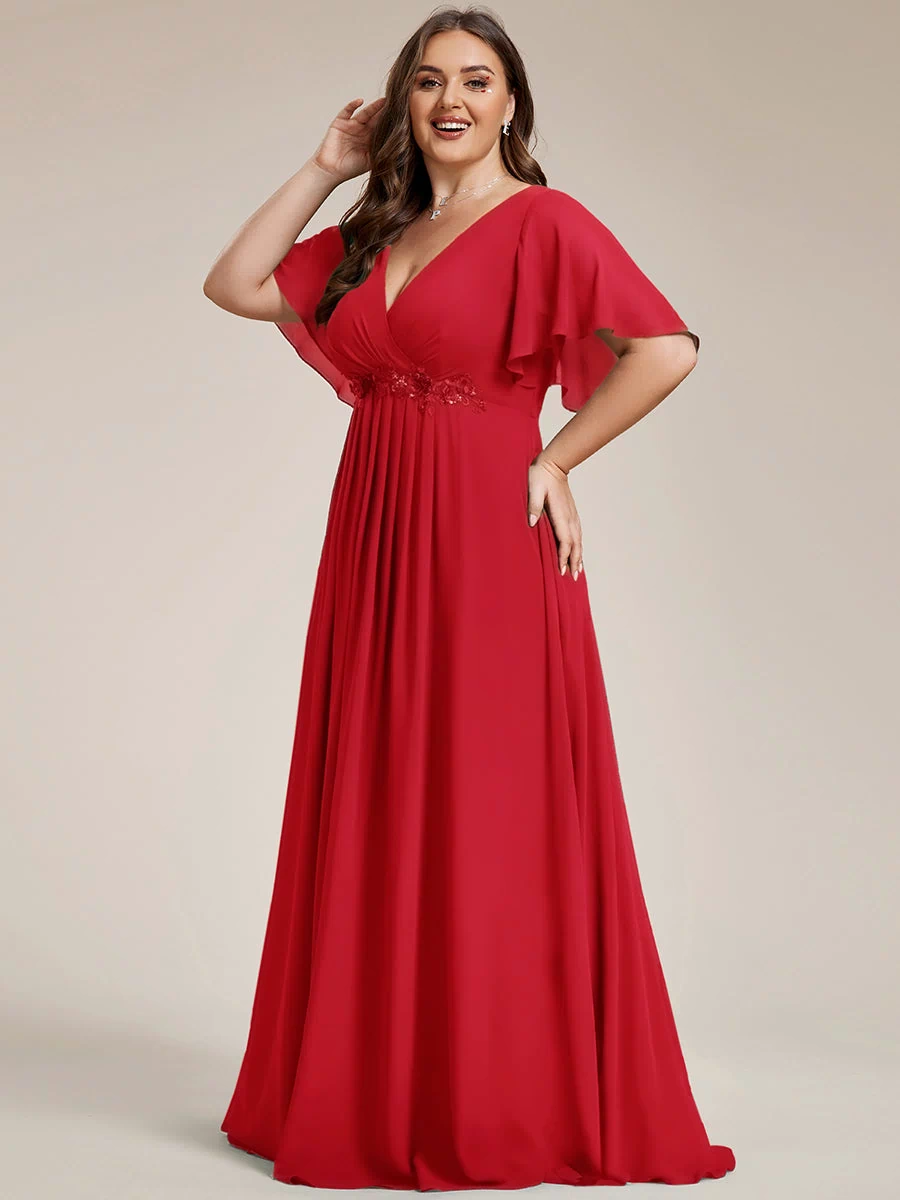 Applique Chiffon Ruffle Sleeve Evening Dress #color_Red