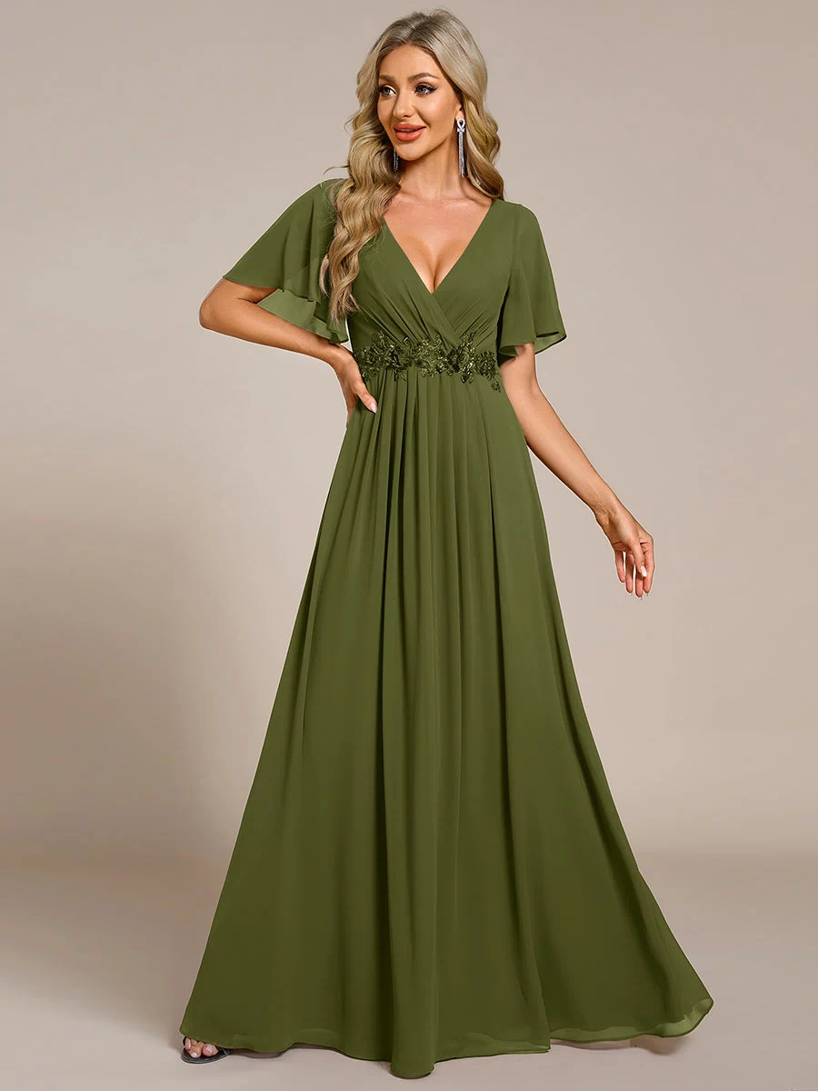 Applique Chiffon Ruffle Sleeve Evening Dress #color_Olive Green