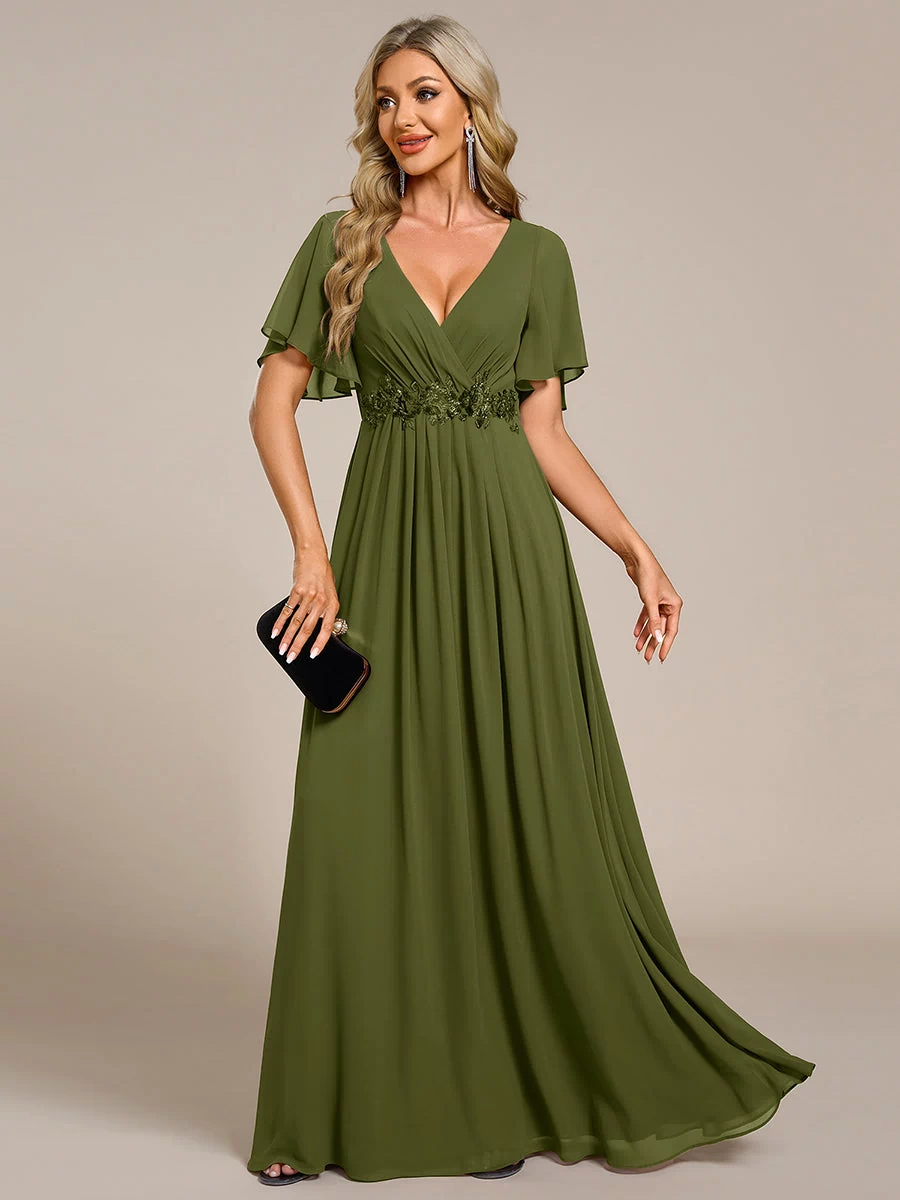 Applique Chiffon Ruffle Sleeve Evening Dress #color_Olive Green