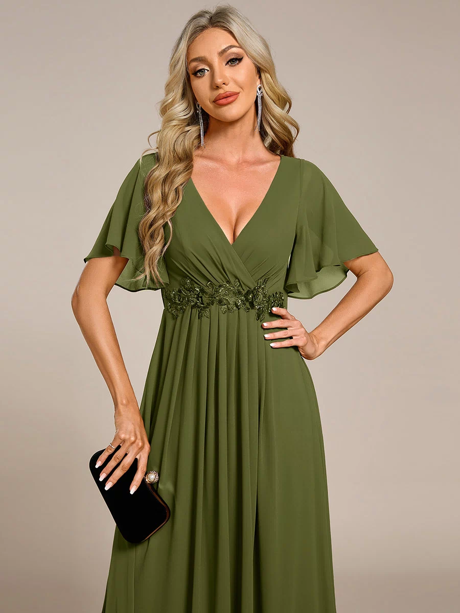 Applique Chiffon Ruffle Sleeve Evening Dress #color_Olive Green