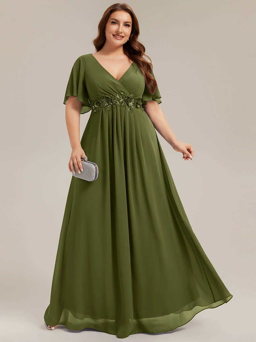 Applique Chiffon Ruffle Sleeve Evening Dress #color_Olive Green