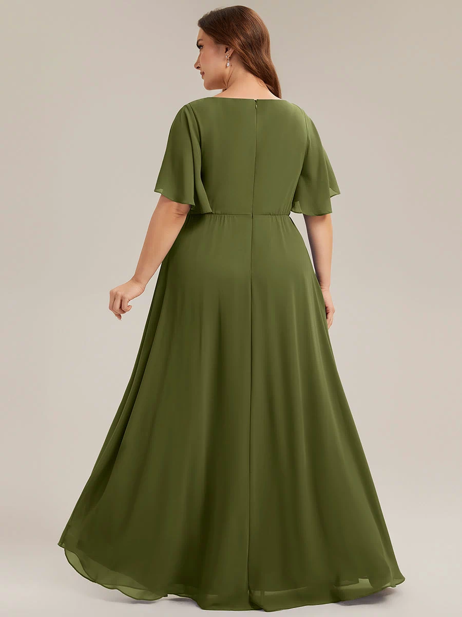 Applique Chiffon Ruffle Sleeve Evening Dress #color_Olive Green