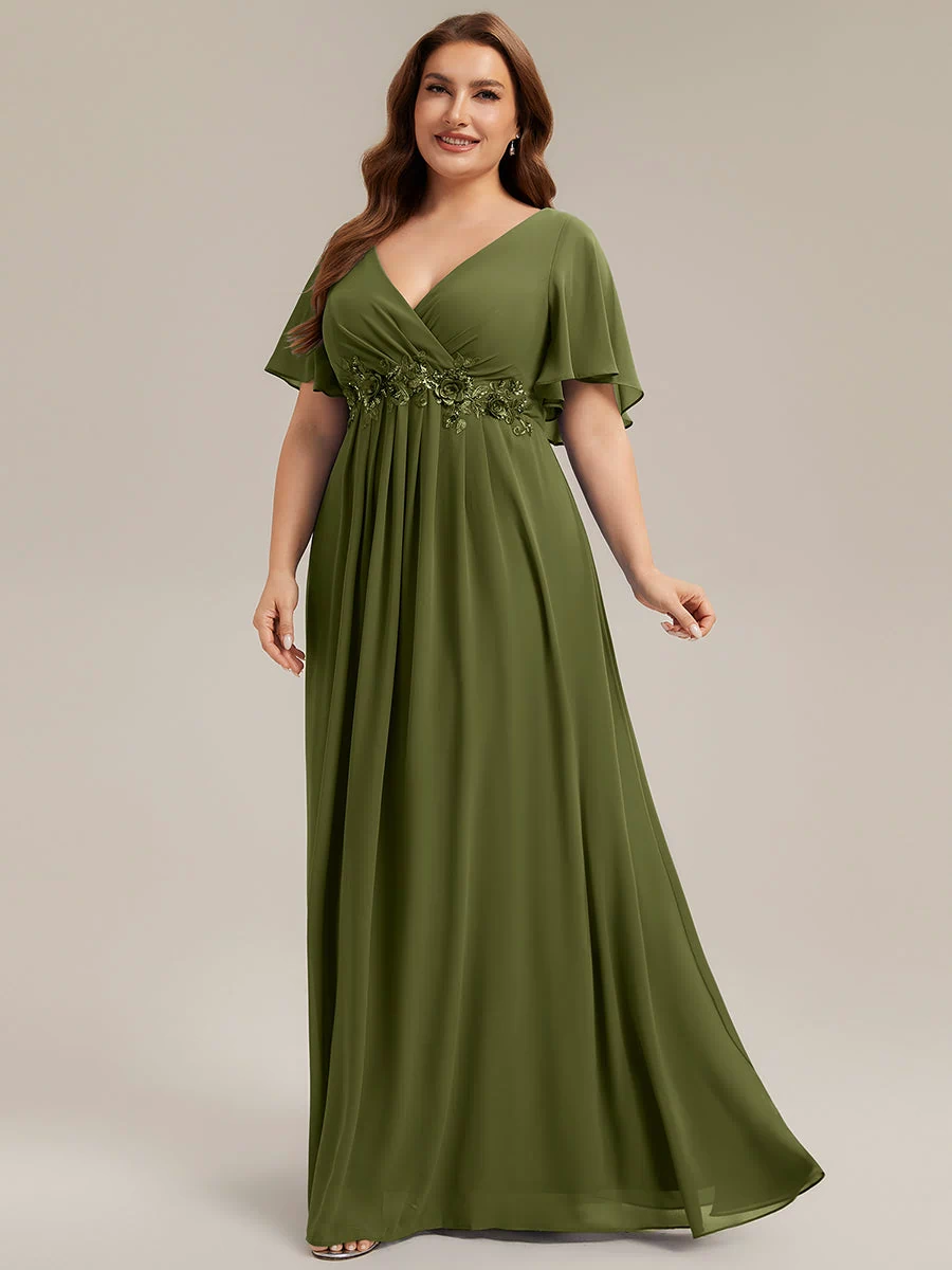 Applique Chiffon Ruffle Sleeve Evening Dress #color_Olive Green
