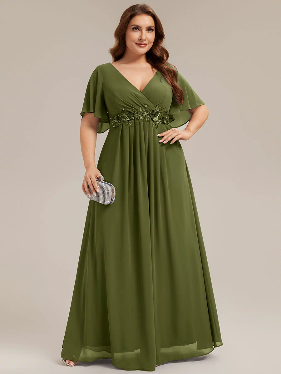 Applique Chiffon Ruffle Sleeve Evening Dress #color_Olive Green