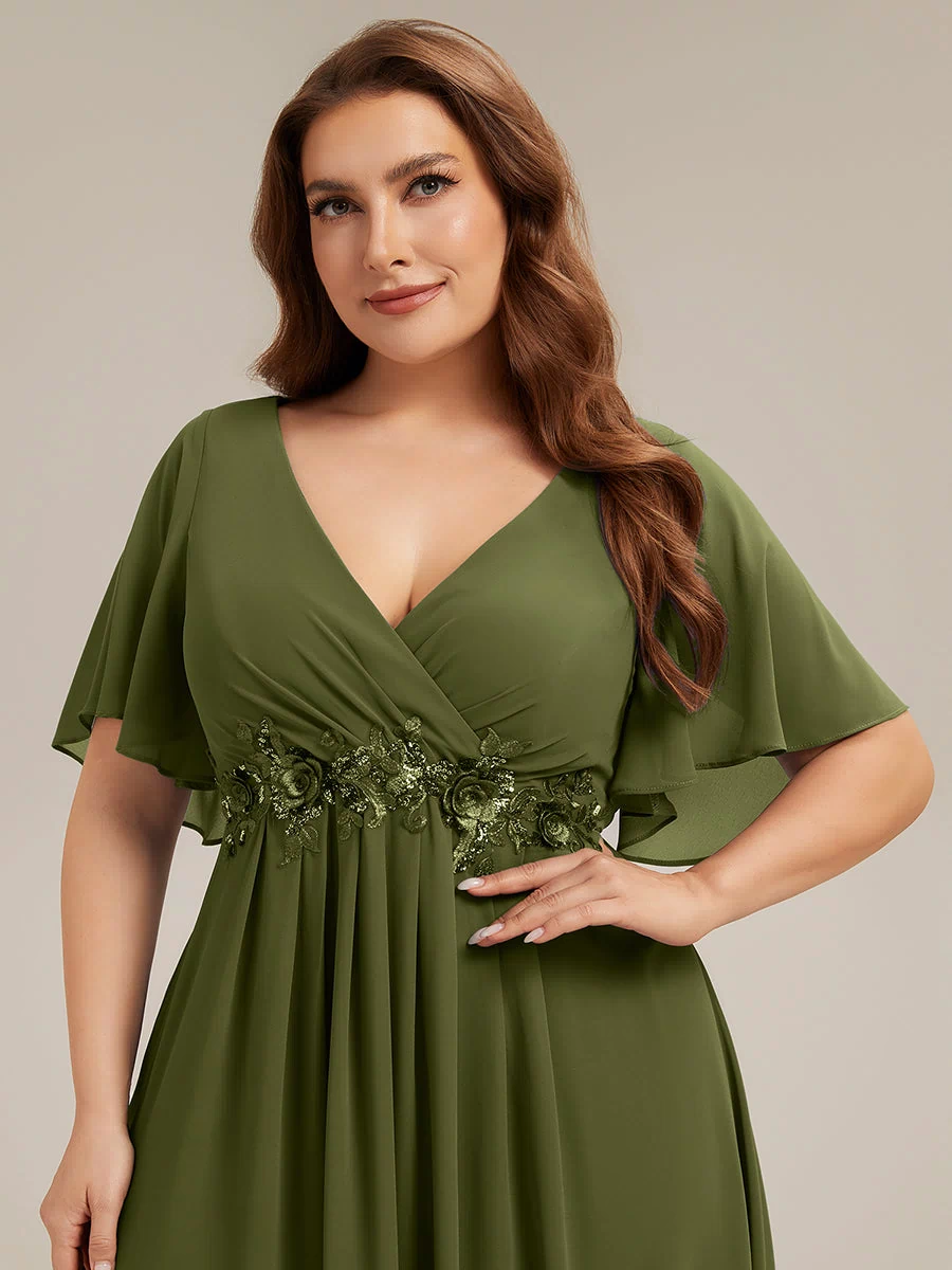 Applique Chiffon Ruffle Sleeve Evening Dress #color_Olive Green