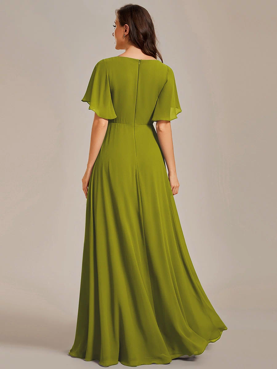 Applique Chiffon Ruffle Sleeve Evening Dress #color_Citron