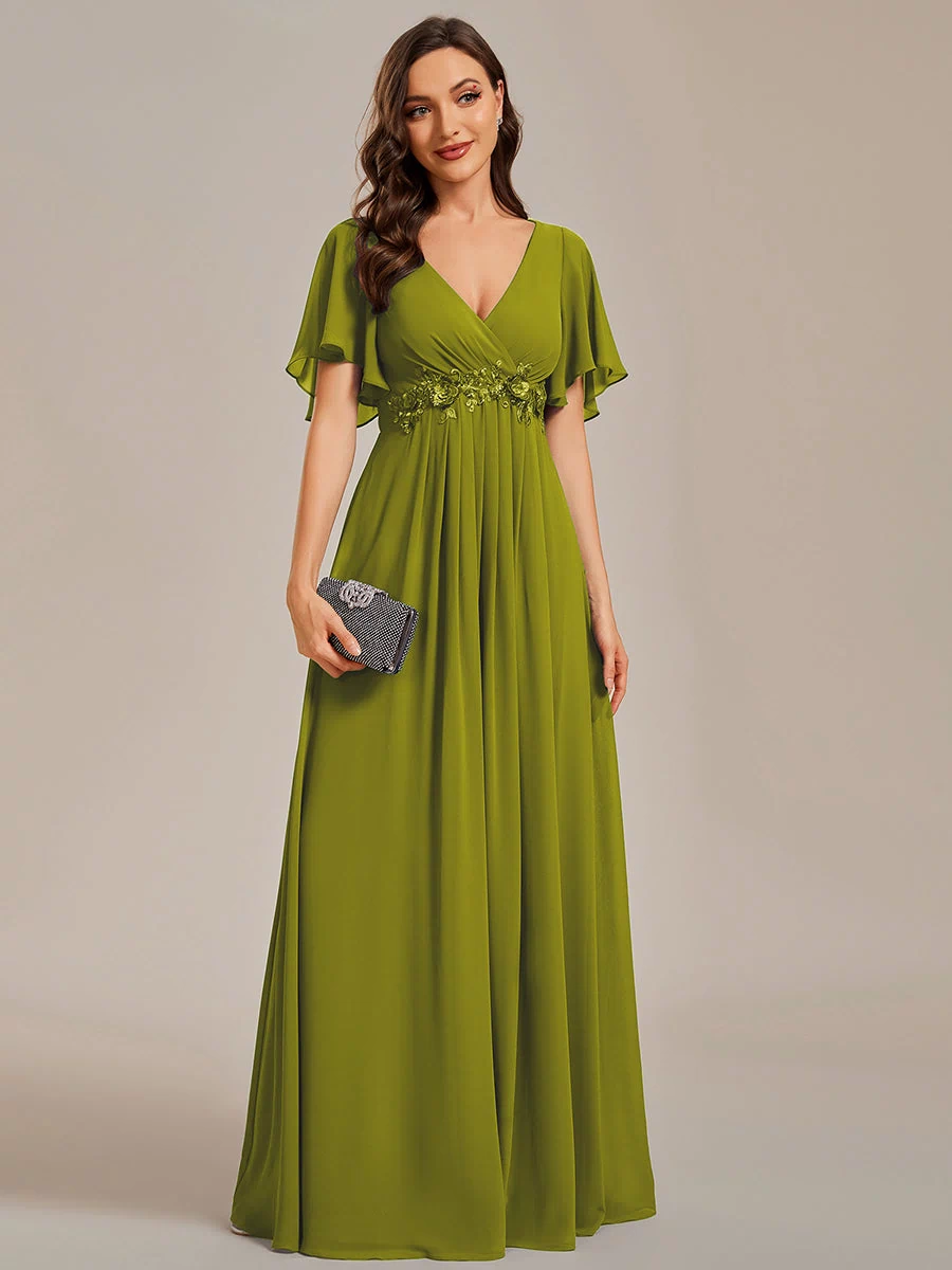 Applique Chiffon Ruffle Sleeve Evening Dress #color_Citron