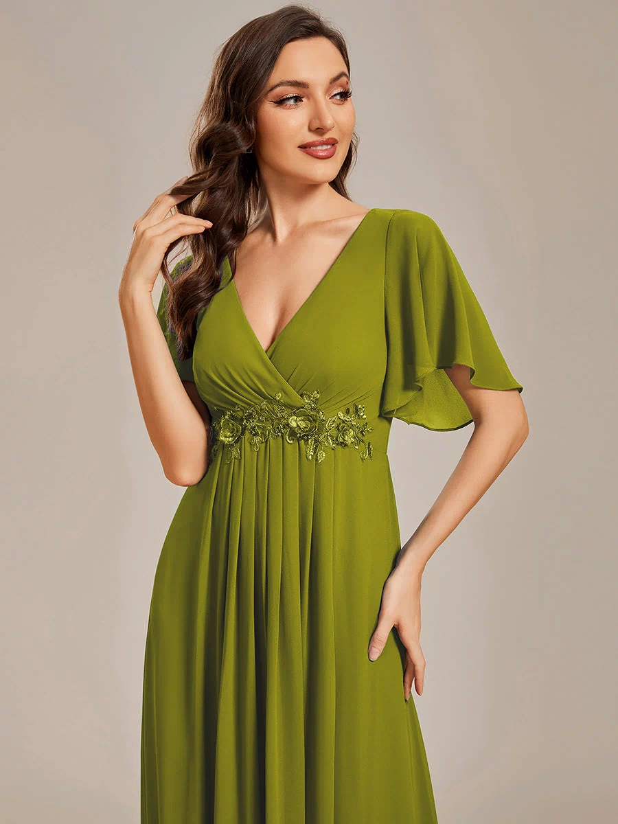 Applique Chiffon Ruffle Sleeve Evening Dress #color_Citron