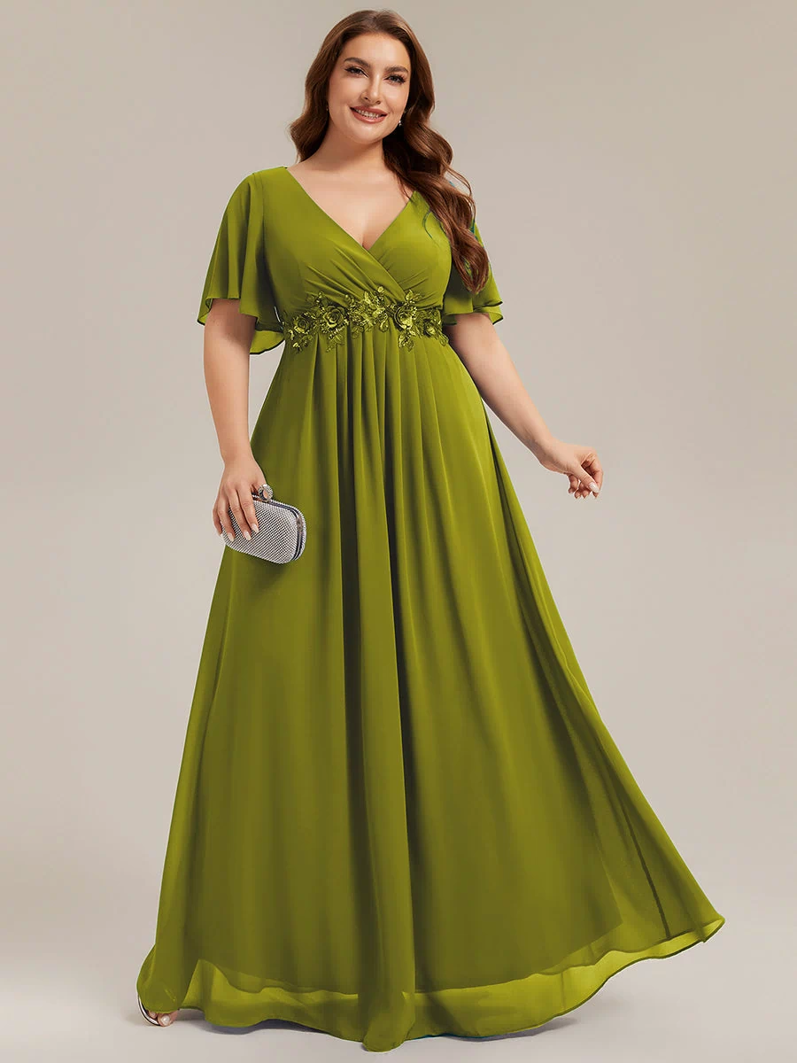 Applique Chiffon Ruffle Sleeve Evening Dress #color_Citron