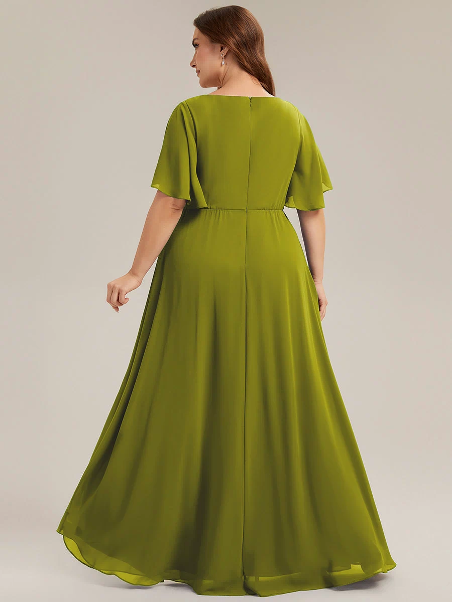 Applique Chiffon Ruffle Sleeve Evening Dress #color_Citron