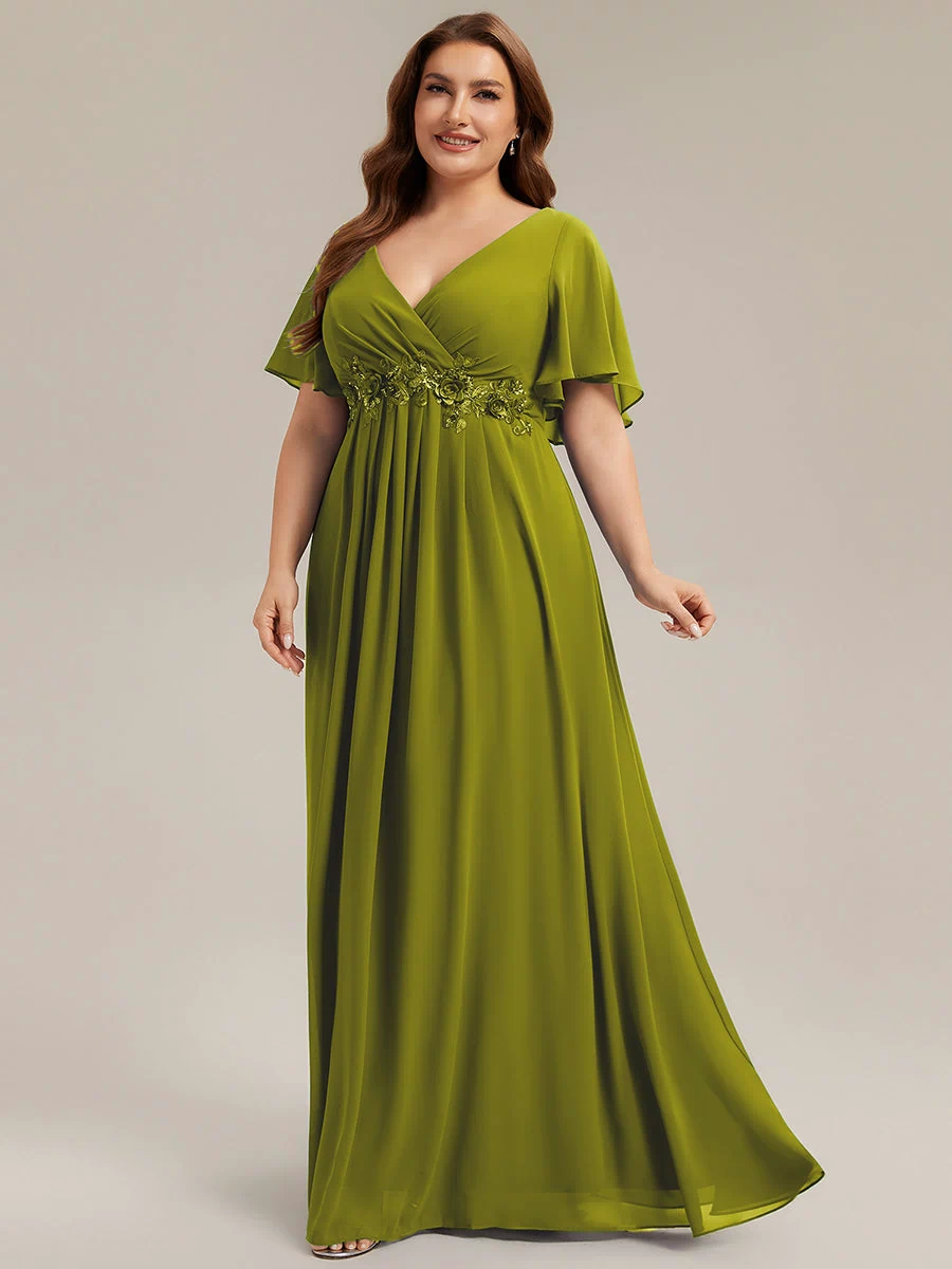 Applique Chiffon Ruffle Sleeve Evening Dress #color_Citron
