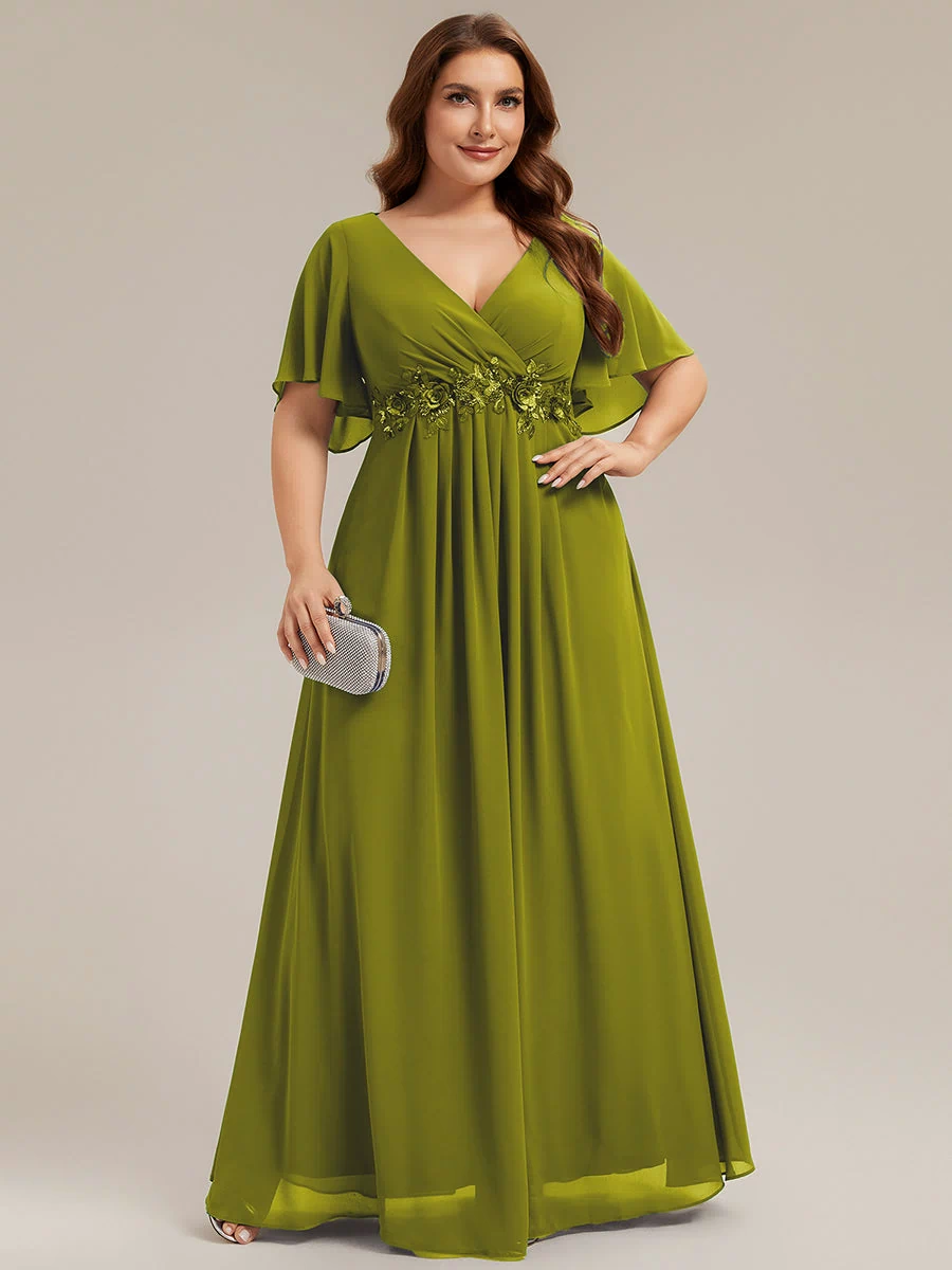 Applique Chiffon Ruffle Sleeve Evening Dress #color_Citron