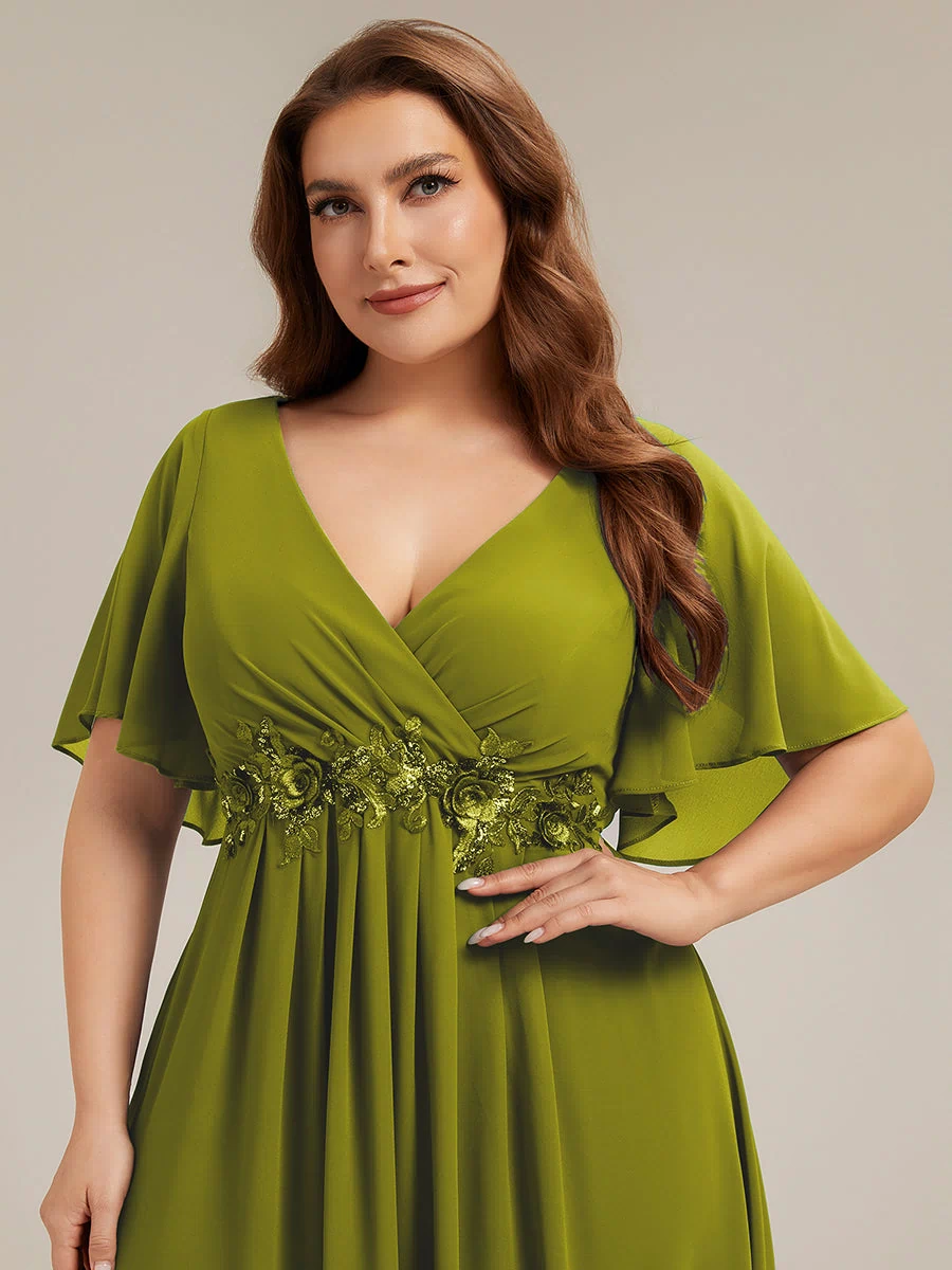 Applique Chiffon Ruffle Sleeve Evening Dress #color_Citron