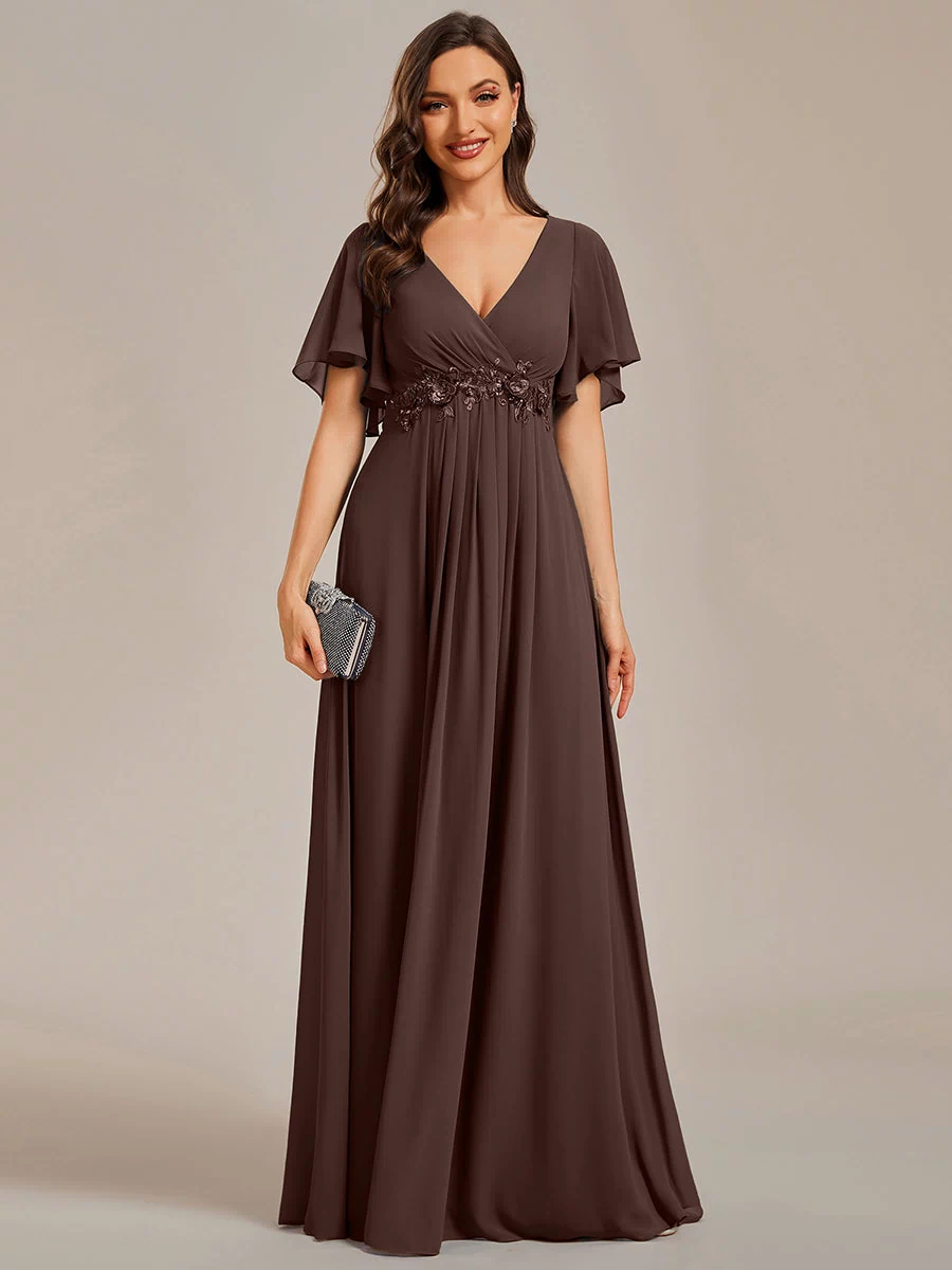 Applique Chiffon Ruffle Sleeve Evening Dress #color_Chocolate  Brown