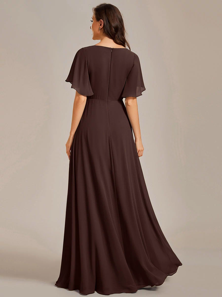 Applique Chiffon Ruffle Sleeve Evening Dress #color_Chocolate  Brown